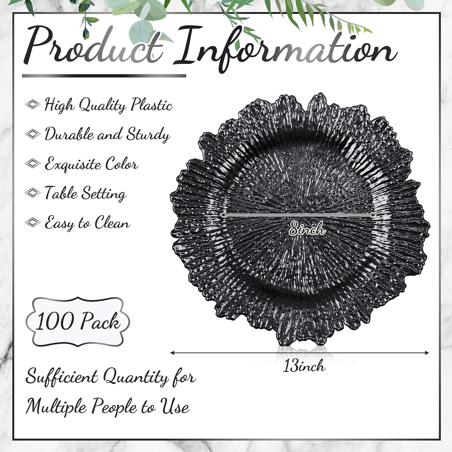 tanlade 100 pcs reef charger plates bulk 13 inch plastic wedding chargers floral decorative plates with metallic ruffled rim for wedding party, holiday event supplies(black) classic style black 100