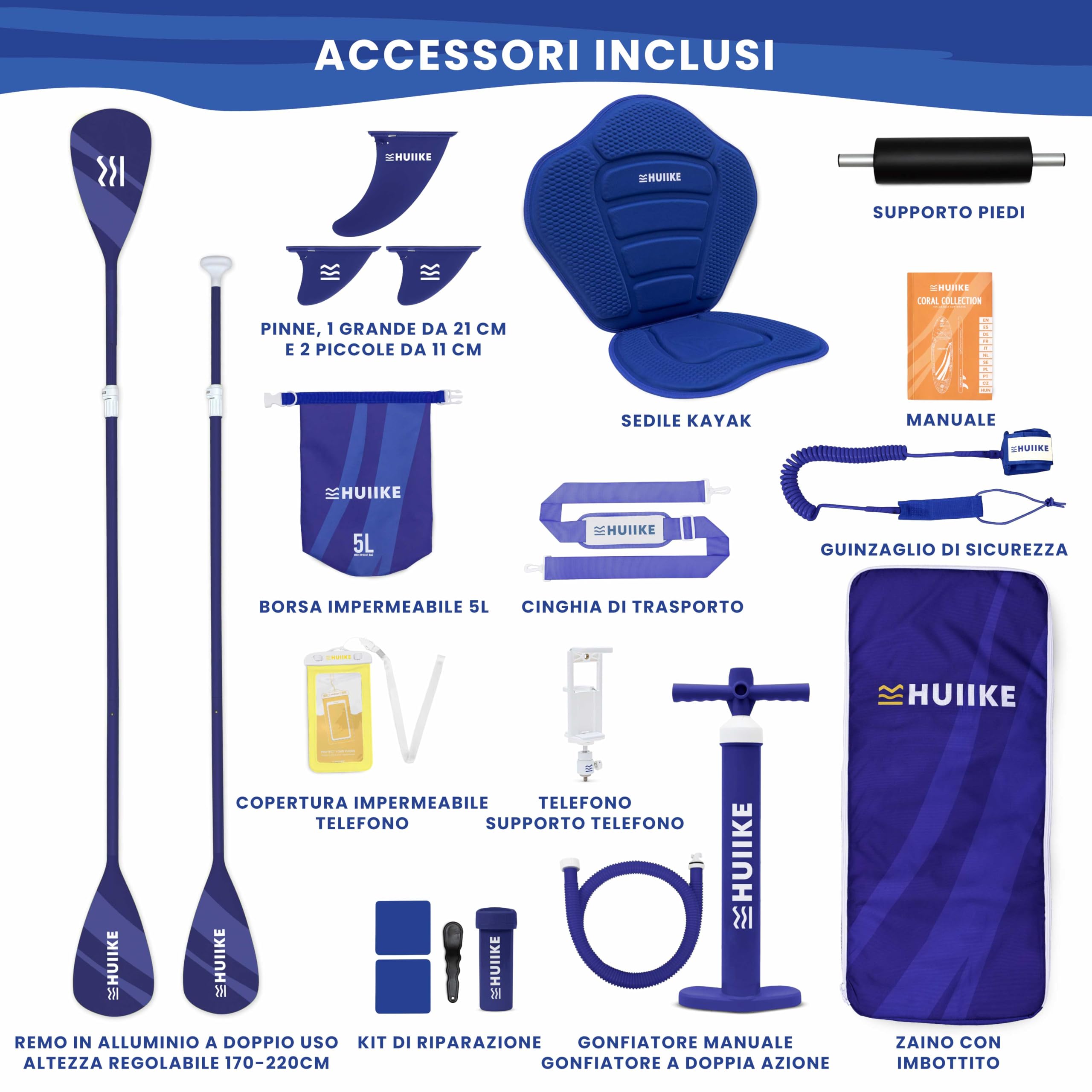 HUIIKE Tavola Sup Gonfiabile Adulti con Accessori Inclusi, Pagaia, Pinne, Pompa. Stand Up Paddle Board con Grande Stabilità e Resistenza. 305 x 84 x 15 cm, Carico Massimo 130 kg