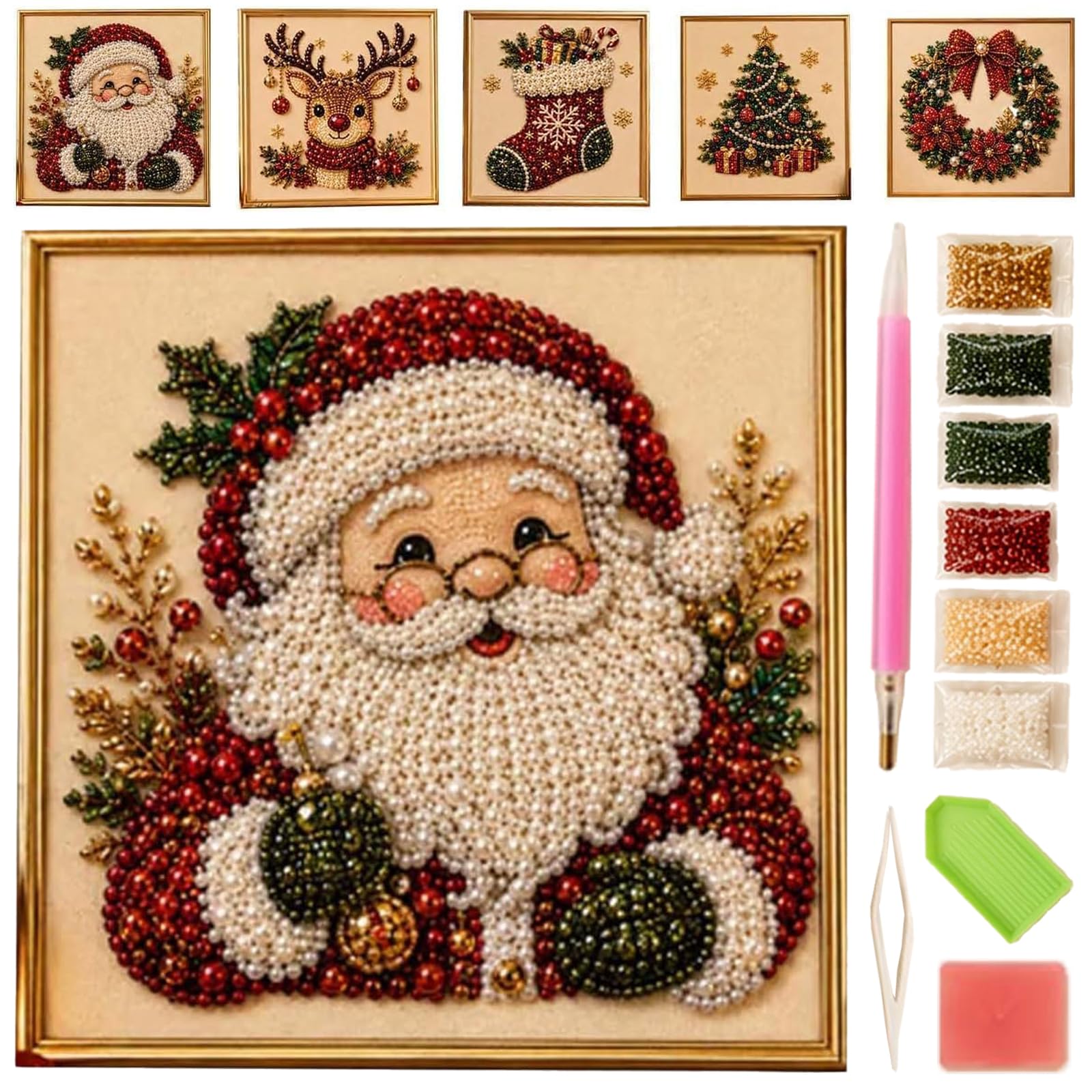 Pearl Art Kits for Adults-DIY Christmas Pearl Diamond Painting Art Kit, 3D Pearls Christma Wall Art Kit, Gemstone Diamond Dots Beads for Home Wall Decor, Handmade Relaxing Creative Hobby