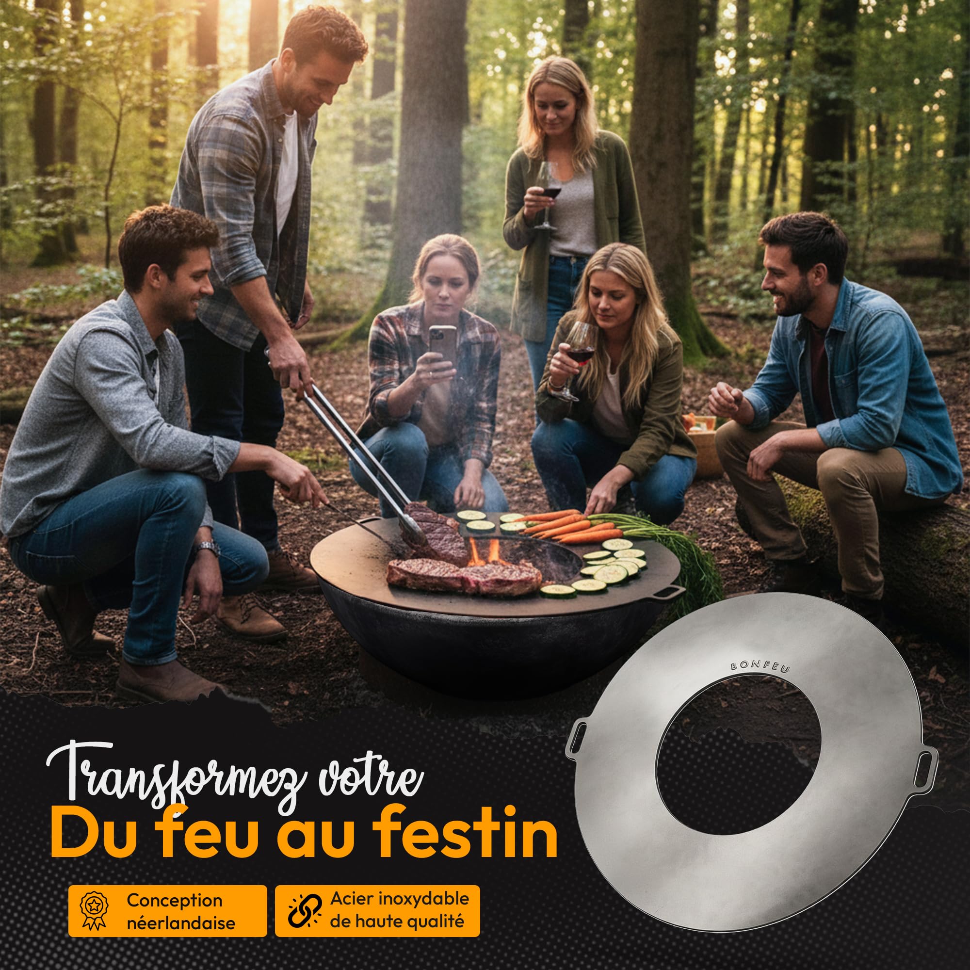 BonFeu BonPlancha Plaque de Grill Ø80cm Gaz & Bois Acier