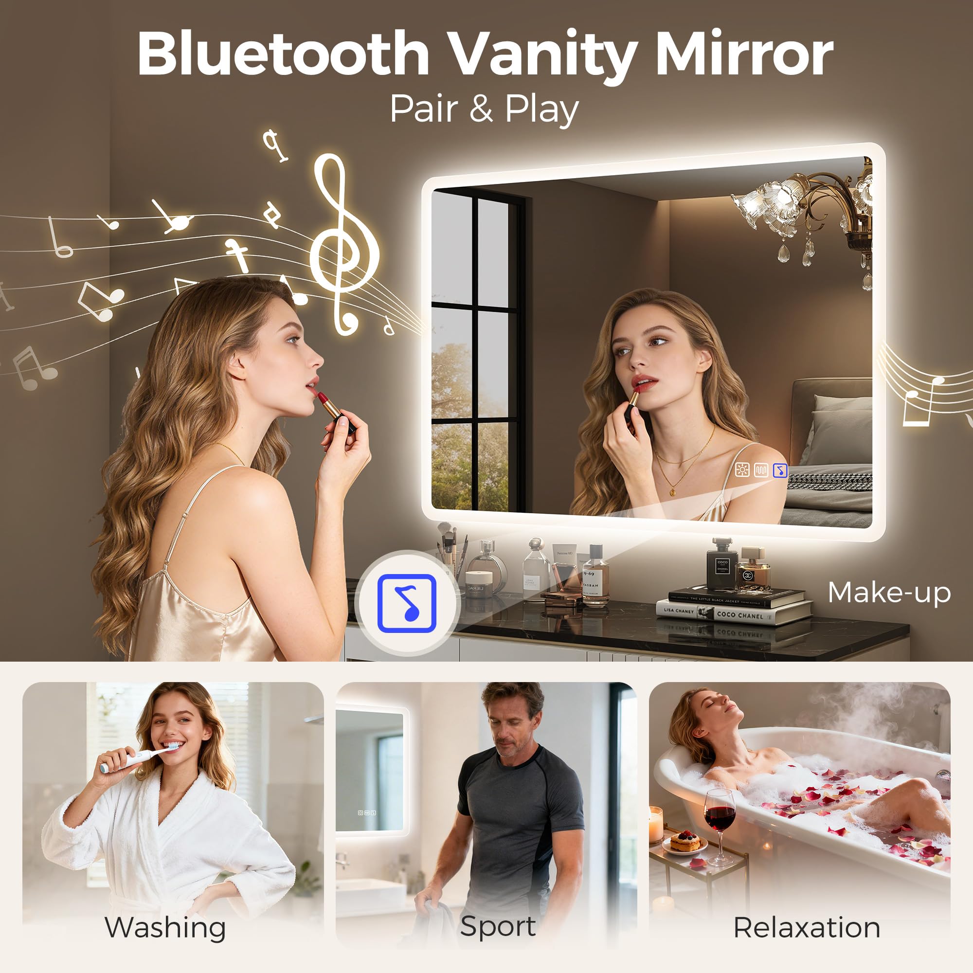 STARLEAD Grand Miroir-LED-Salle-de-Bain-avec-Éclairage 120x70cm, Bluetooth, Dimmable, 3 Couleurs Légères, Anti-buée, Mémoire, IP44, Verre Trempé HD, Horizontal/Vertical