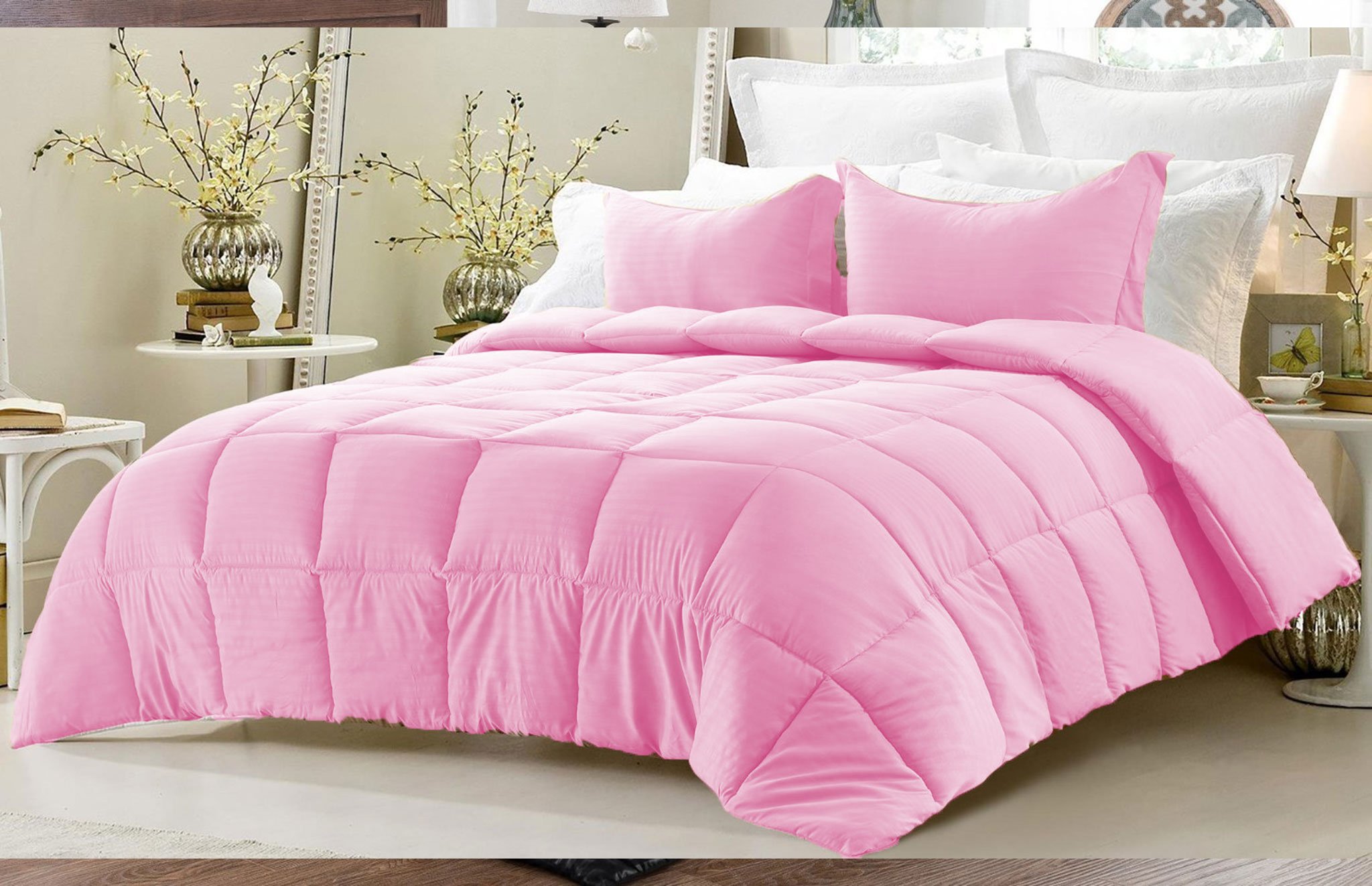 Edredón de algodón egipcio de 600 hilos king reversible rosa para cama de matrimonio grande