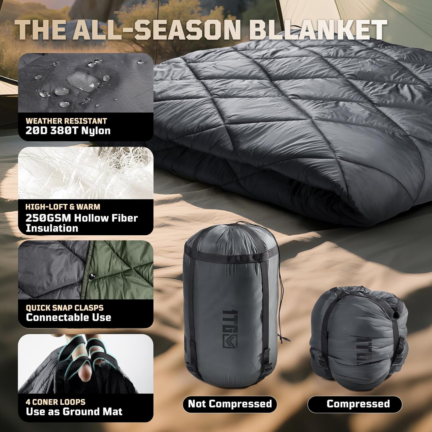 Camping Blanket - Packable, Ultra Warm and Lightweight with Snap Button Backpacking Quilt Water-Resistant, for Sleeping, Outdoors, Travel, and Indoor Use - Large/Gray