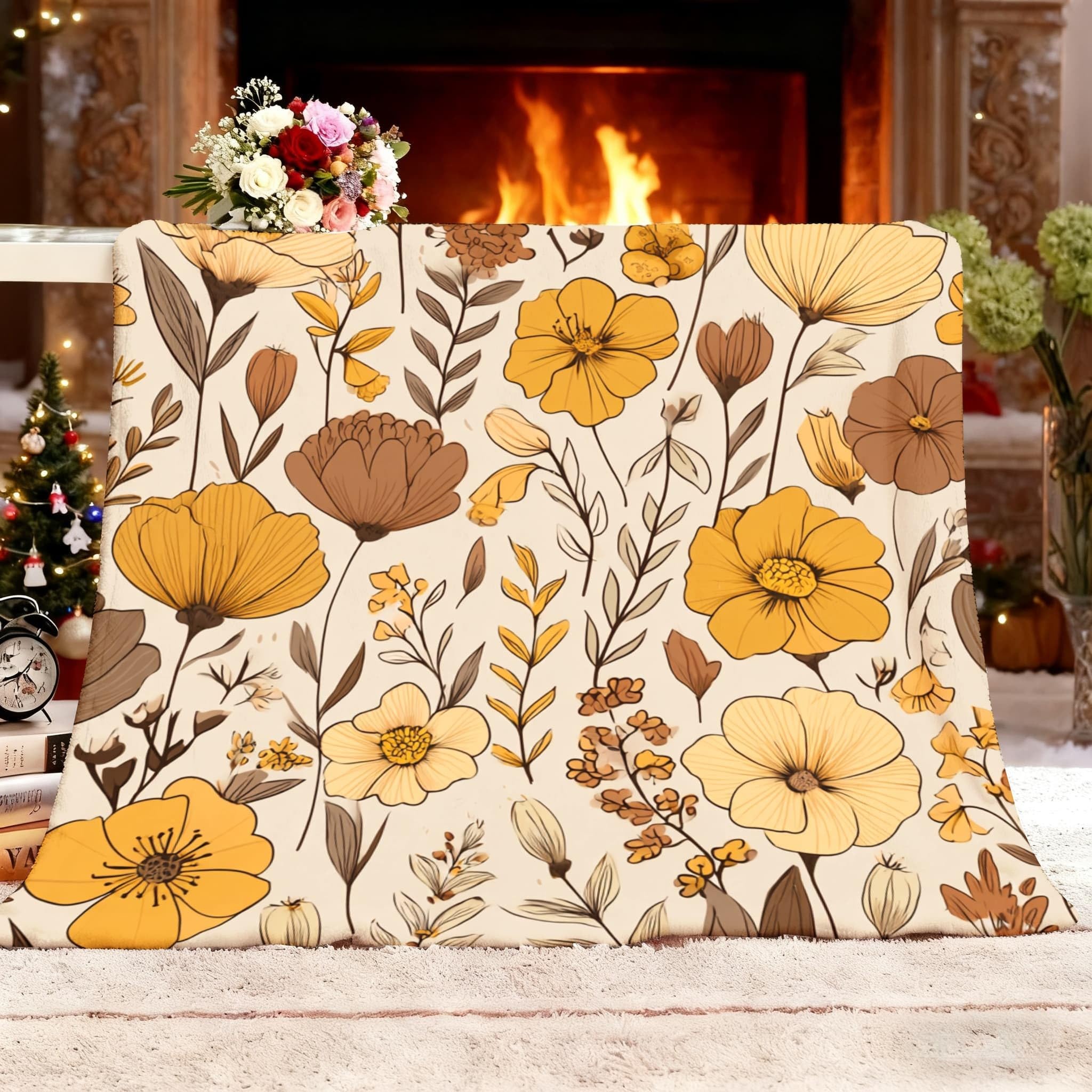 Plaid polaire flanelle 140x180 cm avec motif fleurs 3D effet sherpa marron