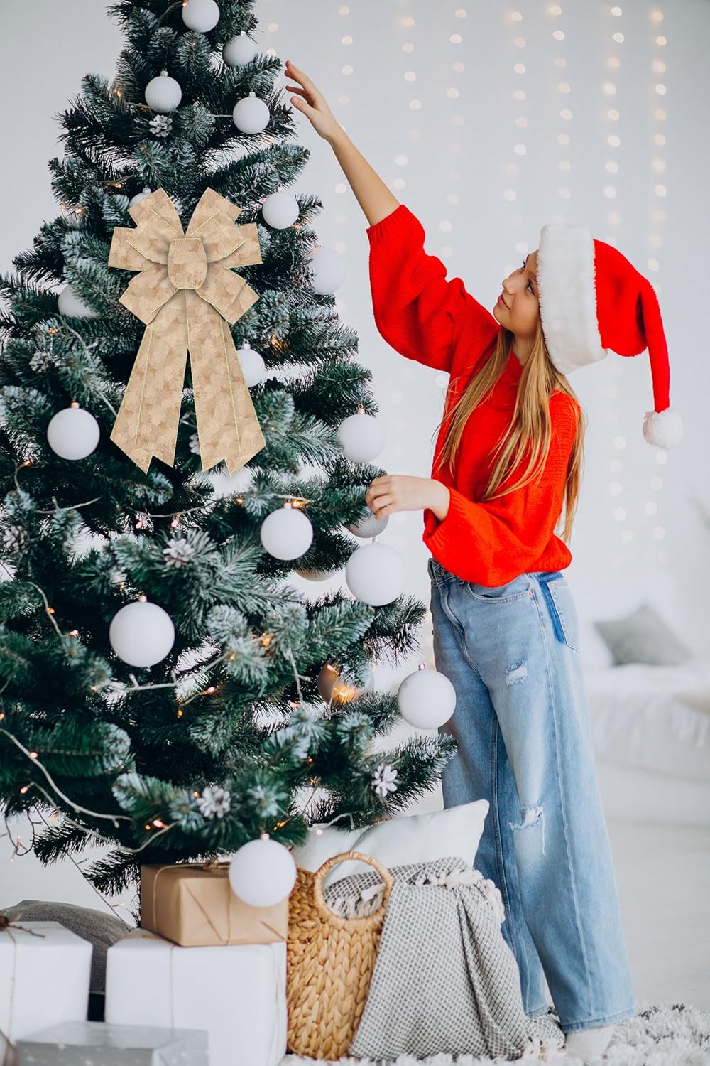 Luxury Beige Velvet with Gold Trim Christmas Wreath Bow - Extra Large Christmas Decor for Front Doors, Holiday Trees & Festive Indoor Outdoor Decorations, 11.42x20.87 Inch - Image 4