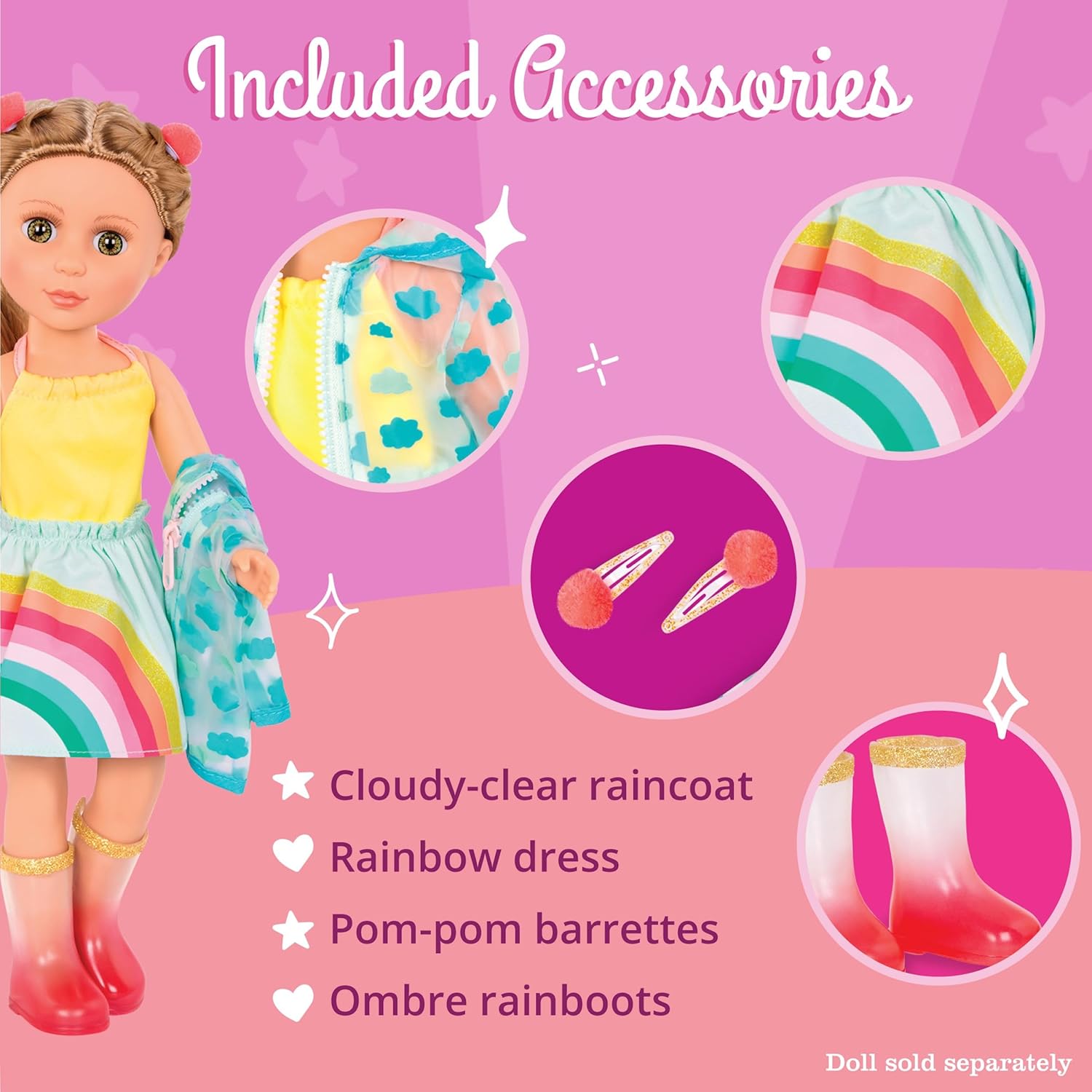 Glitter Girls – 14-Inch Doll Clothes – Smile! Rain Or Shine Outfit – Rainbow Dress, Hair Clips, Raincoat, and Rain Boots – Toys, and Accessories for 3+ Years