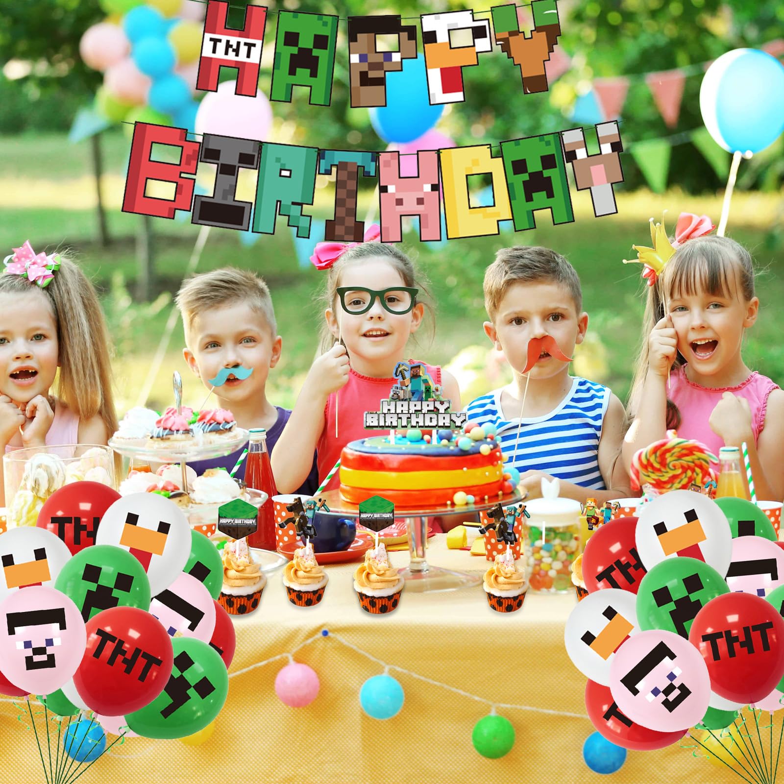 Decorazioni Compleanno A Tema Pixel Per Ragazzi - Con Striscione, Palloncini, Tovaglia E Torta - Foto 5