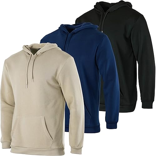 Real Essentials 3 Pack: Men's Fleece Pullover Hoodie - Long Sleeve Hooded Sweatshirt Pockets (Available in Big & Tall)