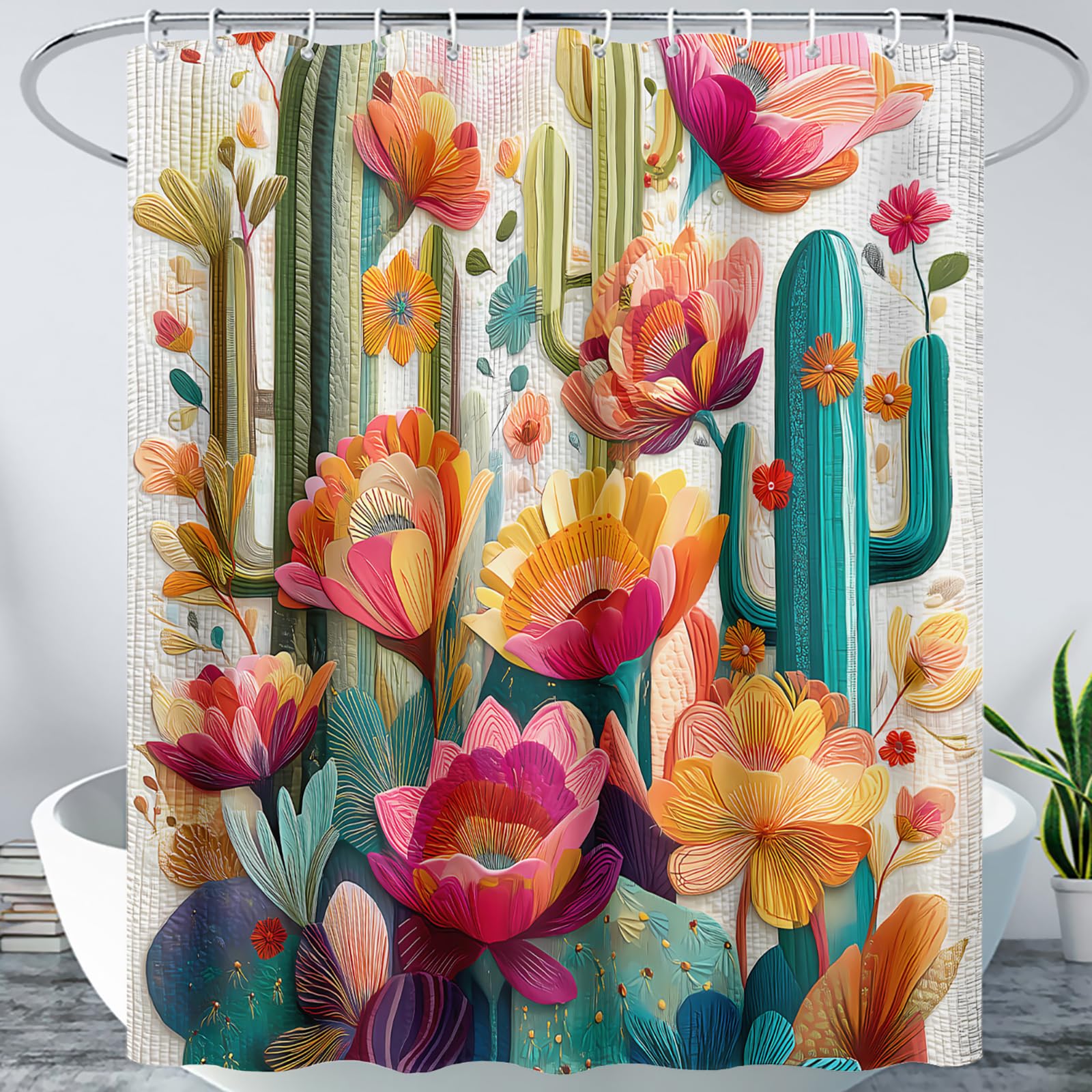 AILONEN Cactus Shower Curtain,Colorful Floral Plants Bath Curtain for Girls Women,Desert Botanical Bathroom Decor + Plastic Hooks,Waterproof, 72