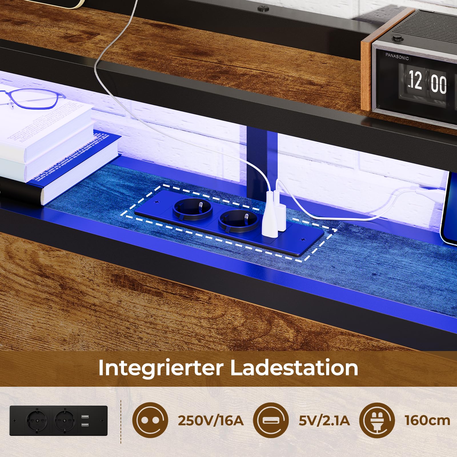 DICTAC Bett 140x200 cm mit LED Beleuchtung,Metall Doppelbett mit Steckdose und USB-Ladefunktion, Bettgestell 140x200 cm mit Holzkopfteil Stauraum, Bettrahmen mit Lattenrost und Stauraum unter dem Bett