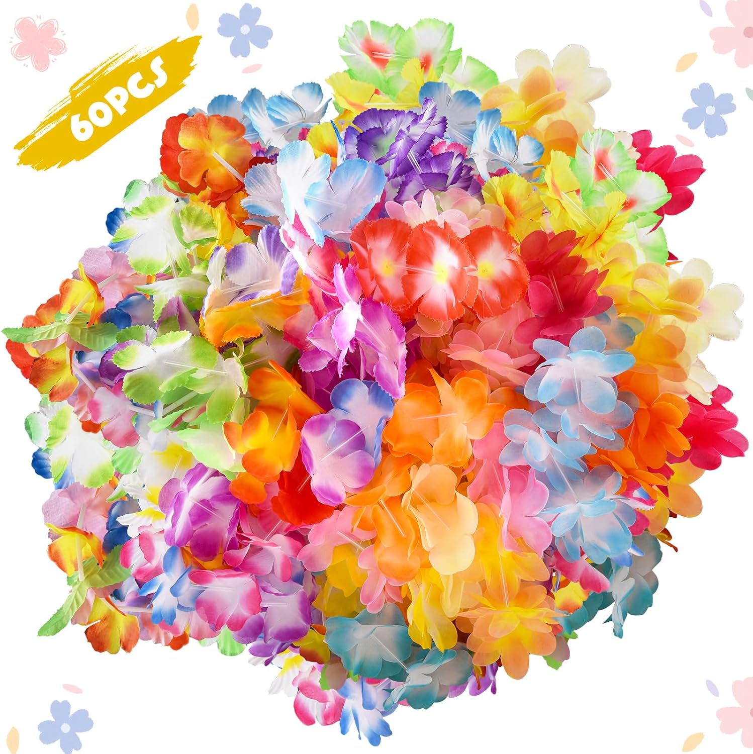60PCS Leis for Luau Party, Hawaiian Leis Bulk Decorations Silk Flower Necklace, Colorful Tropical Hawaiian Bulk Hula Dance Party Decor, Flower Leis Summer Beach Leis Decorations Favors Supplies image 4