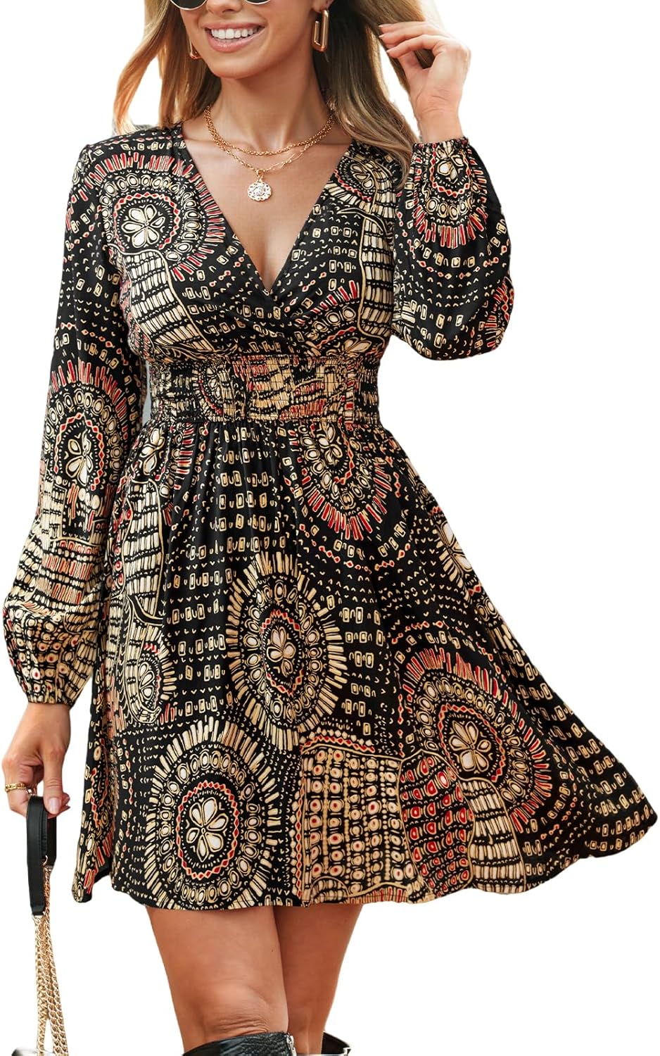 CUPSHE Women's Paisley Printed Fall Mini Dress V Neck Long Sleeve Smocked Waist Flowy Ruffled Vacation Dresses
