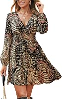 CUPSHE Women's Paisley Print V-Neck Long Sleeve Smocked Waist Flowy Ruffle Fall Mini Vacation Dress