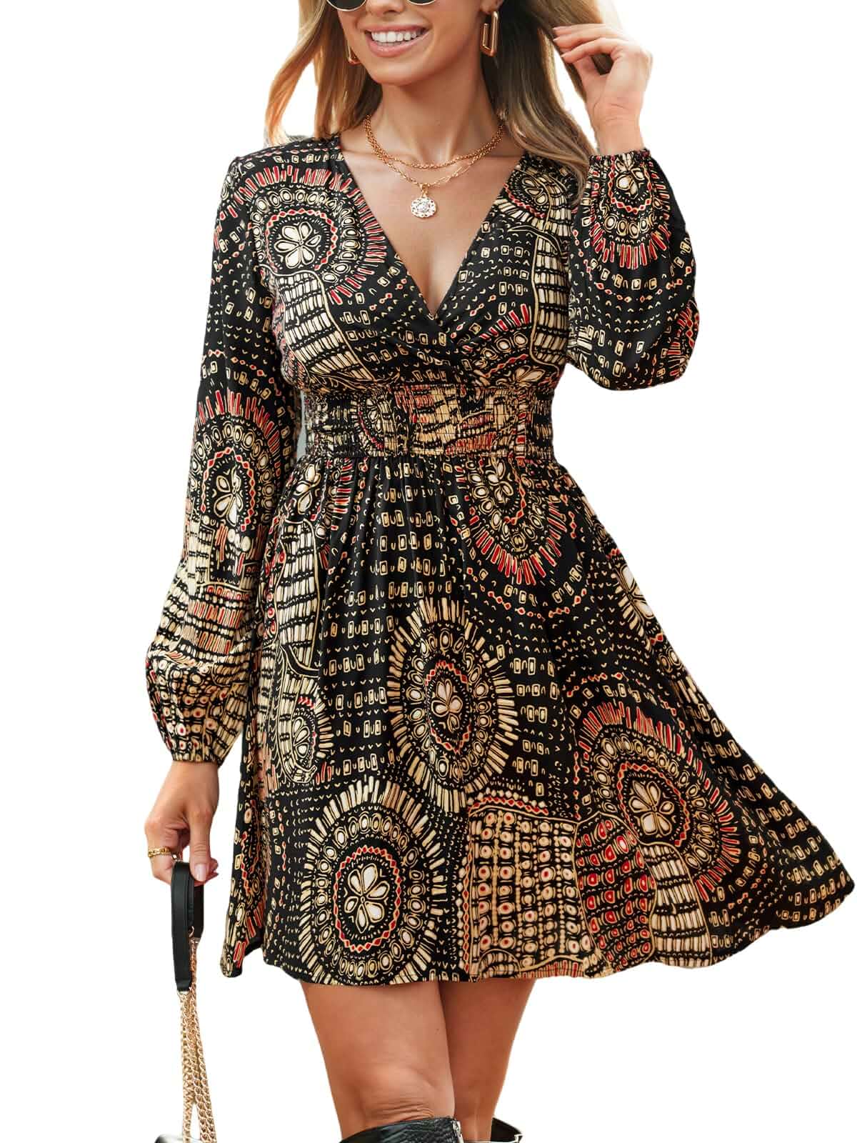 CUPSHE Women's Wrap V-Neck Boho Paisley Long Sleeve Mini Dress Stretchy Smocked High Waist Dress, Flowy A-Line Short Dress, for Fall Vacations, Casual Daily Wear, Evening Cocktail Party
