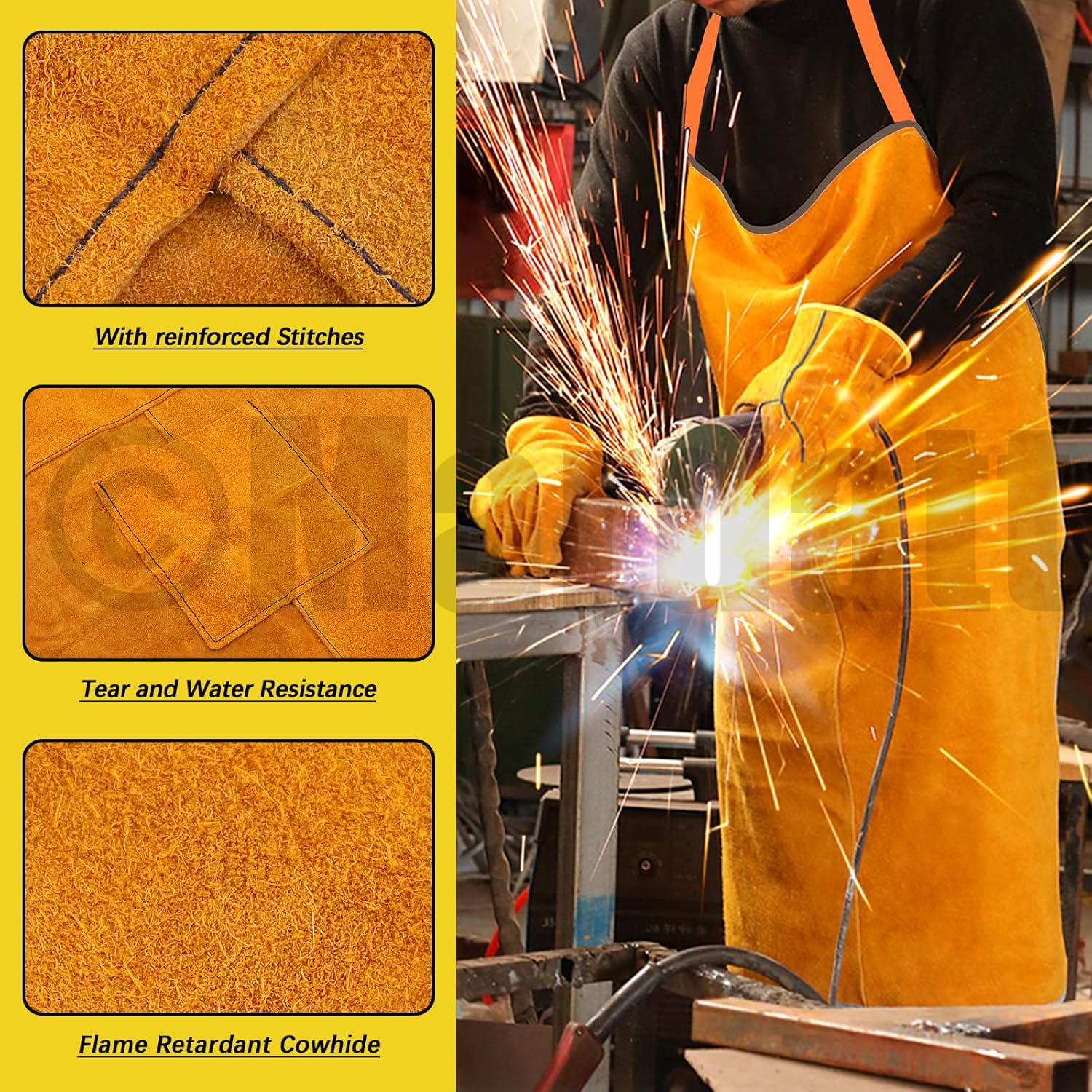 5 Pcs Extra Long Leather Work Sleeves, Gloves and Apron Fireproof and Heat Resistant Protective Set for Men & Women Welding, Woodworking, Gardening