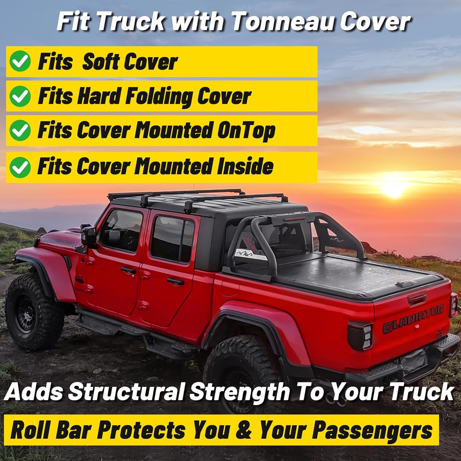 MONOKING Heavy Duty Roll Bar with 3rd Brake Light, DIY Color Chase Rack Compatible with Tonneau Cover for 2007-2026 Tacoma Gladiator Colorado Ranger Canyon Frontier Dakota, Rugged Carbon Steel