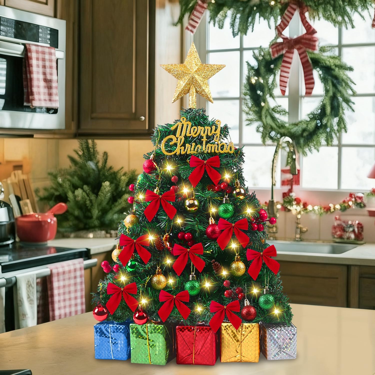 JOICEE 23 Inch Small Christmas Tree with Lights,Mini Tabletop Christmas Tree Decorated Bow Gift Boxes Balls Star Treetop Ornaments Hanging Ornaments for DIY Christmas Indoor Decoration