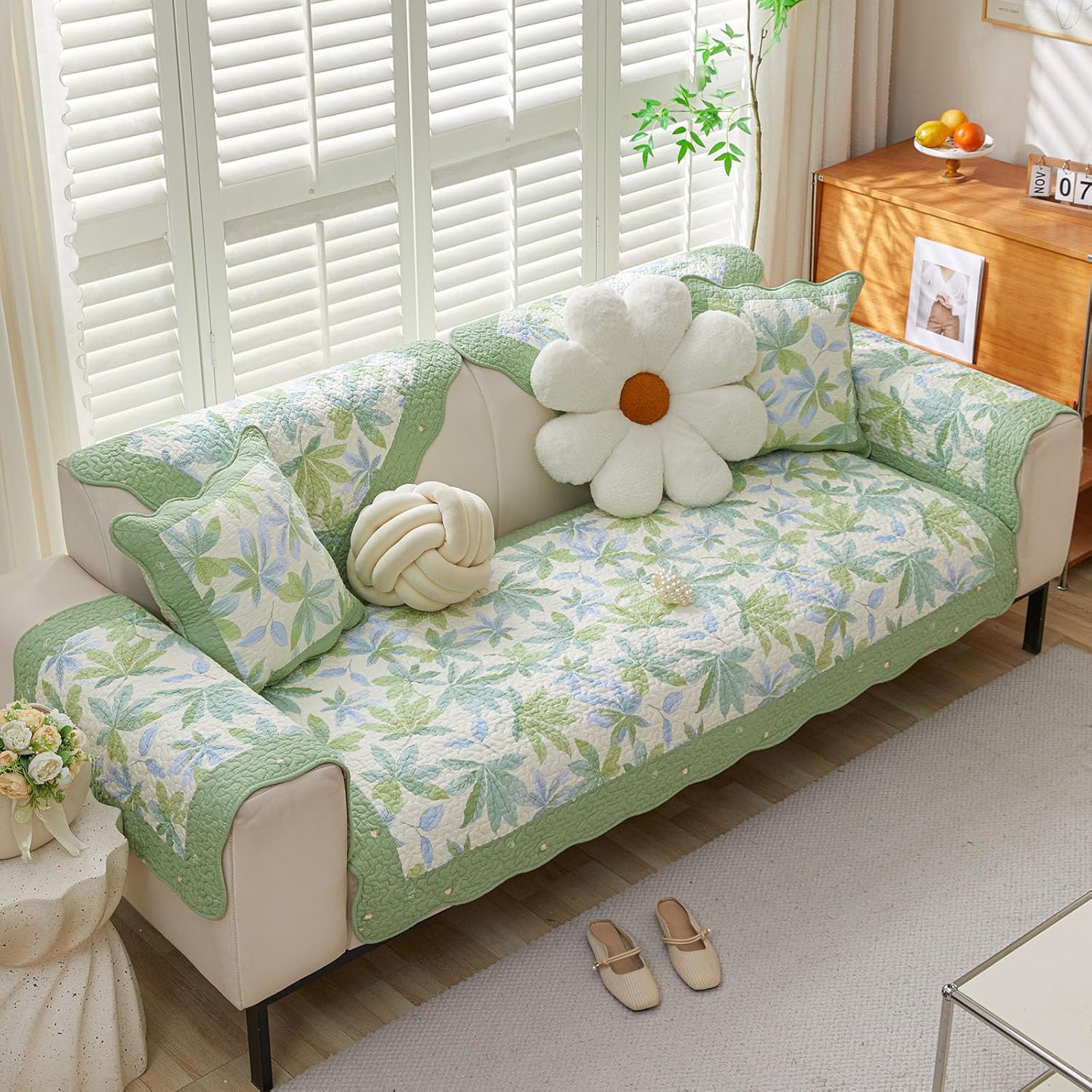 vctops Green Leaf Cotton Sofa Couch Cover for Dogs Botanical Pattern Sectional Couch Covers Soft Quilted Non Slip Sofa Slipcover Washable Furniture Protector for Pet Cat (Green,43"x43")