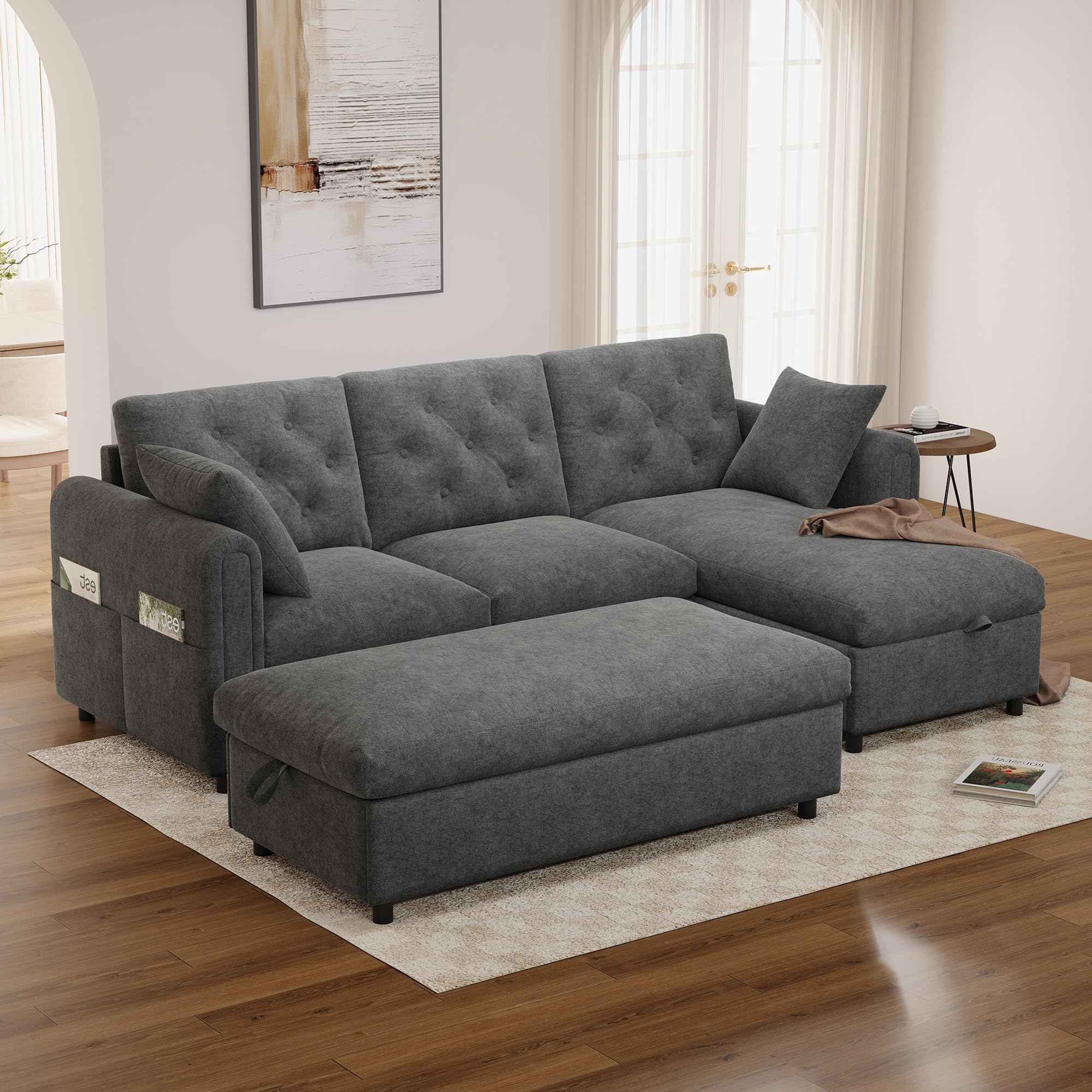 Merax Ecksofa mit Flexibler Ottomane & Hocker, Modulares L-Form Sofa mit 2 Bettkästen, beidseitig montierbar, Schlafsofa mit Seitentaschen & Knopfheftung, 3-Sitzer Couch, 219cm, Grau