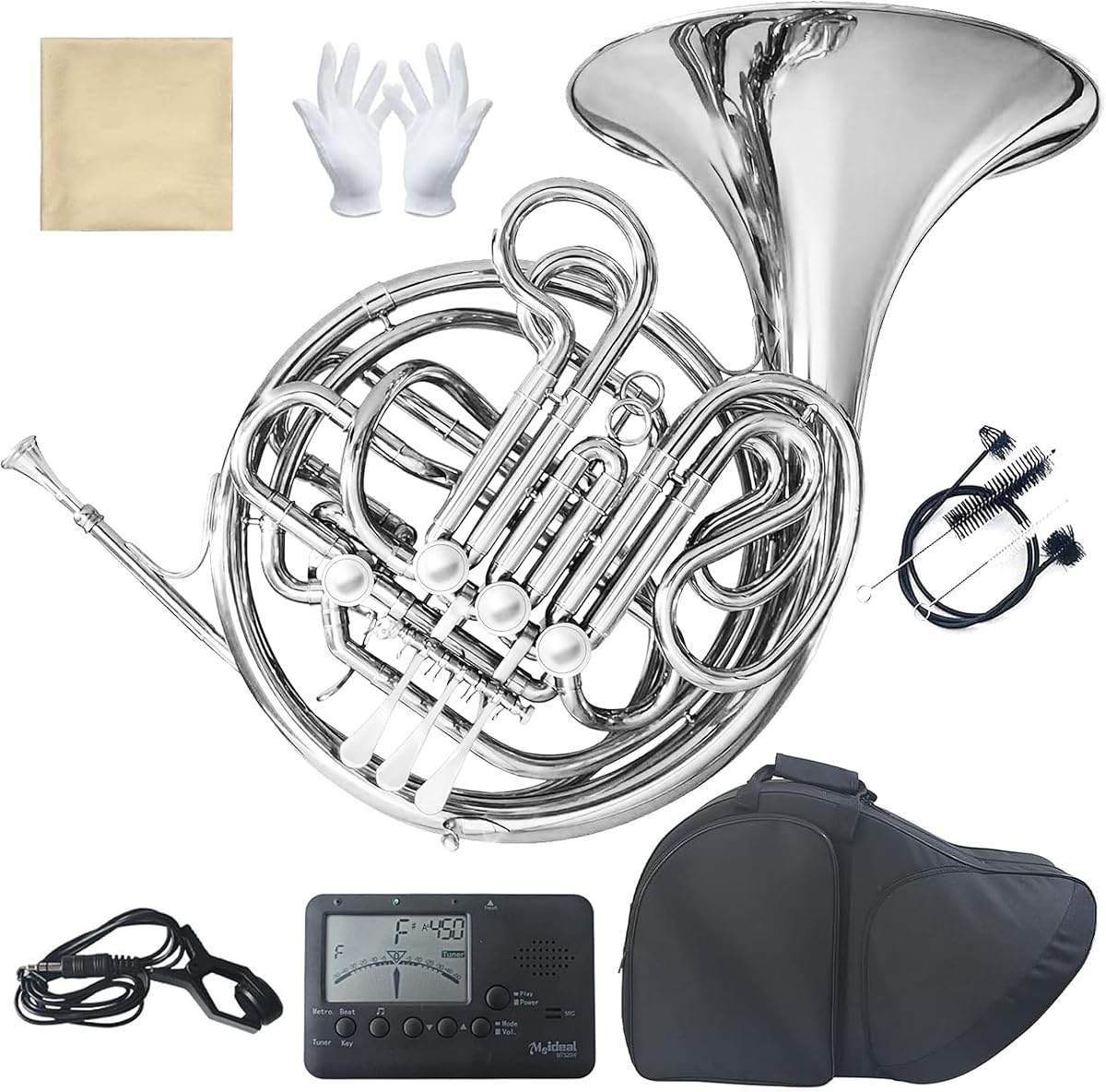 Trompa doble (Fb/Bb) 4 teclas lacada en oro - Instrumento de latón intermedio con estuche, boquilla y kit de limpieza - Kit completo de accesorios para banda de concierto y interpretación solista (Plata) | Cuerpo de latón fósforo, rico sonido resonante, estructura de doble bocina, afinación precisa y flexible