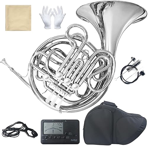 Miniatura 7 de Cuerno francés doble FBb 4 teclas, cuerno francés de laca dorada intermedio con estuche de cuerno francés, boquilla, guantes, paño de limpieza,