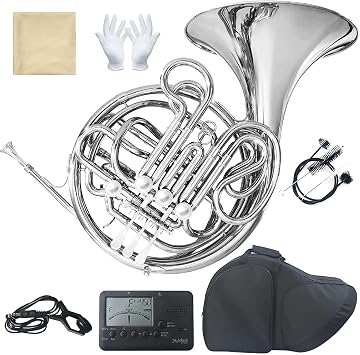 Double French Horn Fb/Bb 4 Keys Gold Lacquer - Intermediate Brass Instrument with Case, Mouthpiece and Cleaning Kit - Complete Accessory Kit for Concert Band and Solo Performance Silver | Phosphorus brass body, rich resonant sound,Double horn structure, accurate flexible tuning