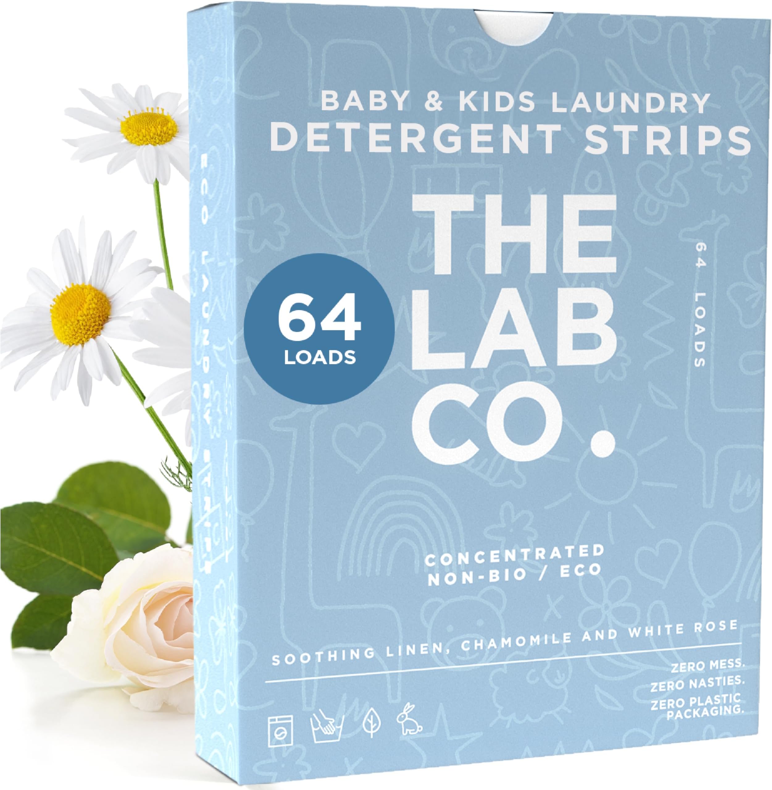 The Lab Co. Laundry Detergent Strips Washing Sheets | Eco Ultra-Concentrated | Non-Bio for Sensitive Skin | Non-Toxic Fragrance | EDC-Free | Lab-Tested | Soothing Linen Chamomile White Rose | 64 Loads