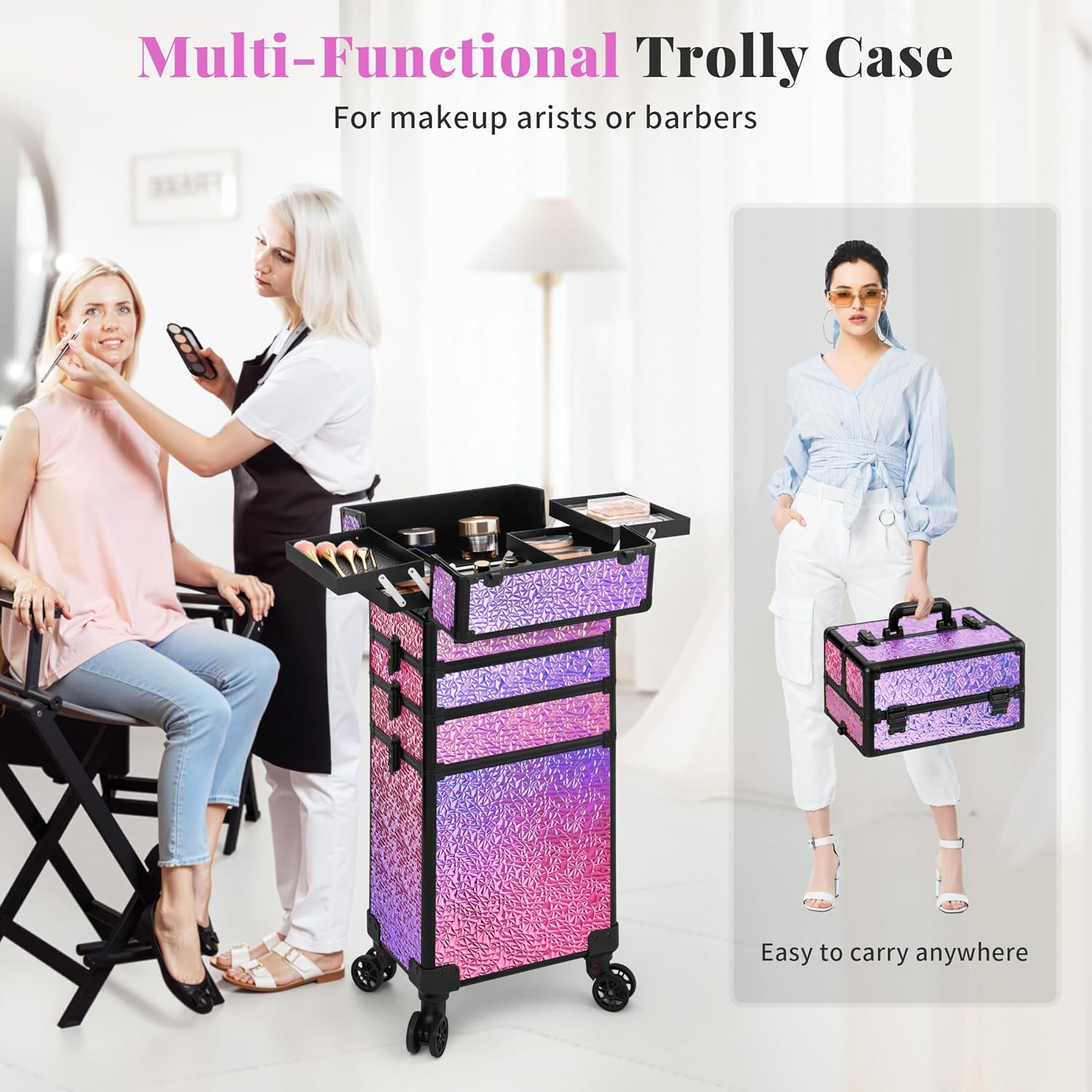 Profesional Rolling Makeup Train Case with Lid, 5 in 1 Cosmetology Case on Wheels, Large Cosmetic Trolley Organizer Travel for Hairstylist Artist Nail Beauty Salon Barber, Gravel Pink - Image 7