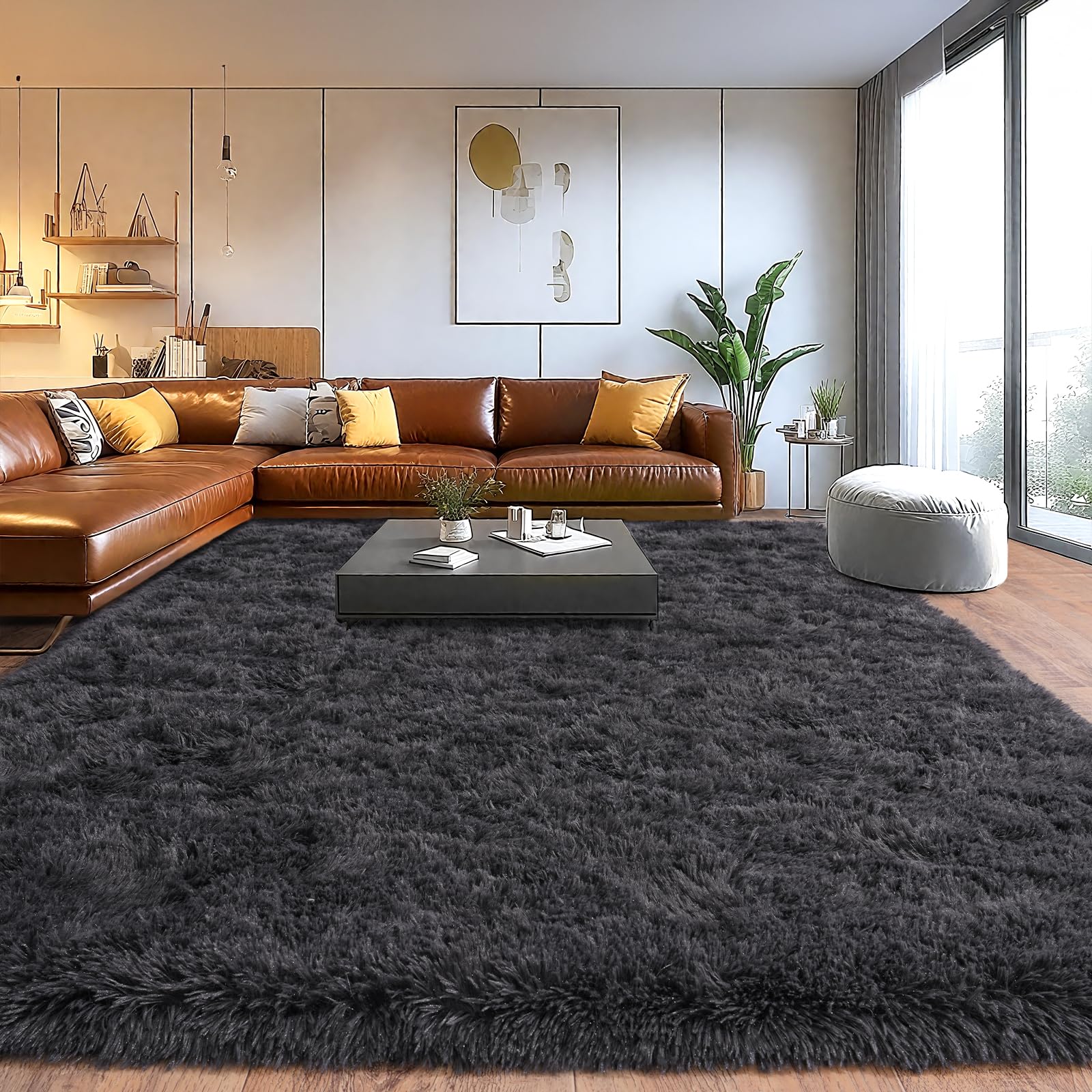 Tapis antidérapant en peluche pour salon, tapis doux à poils longs pour salon, chambre d'enfant, décoration parfaite pour maison moderne, anthracite, 1,5 x 2,1 m