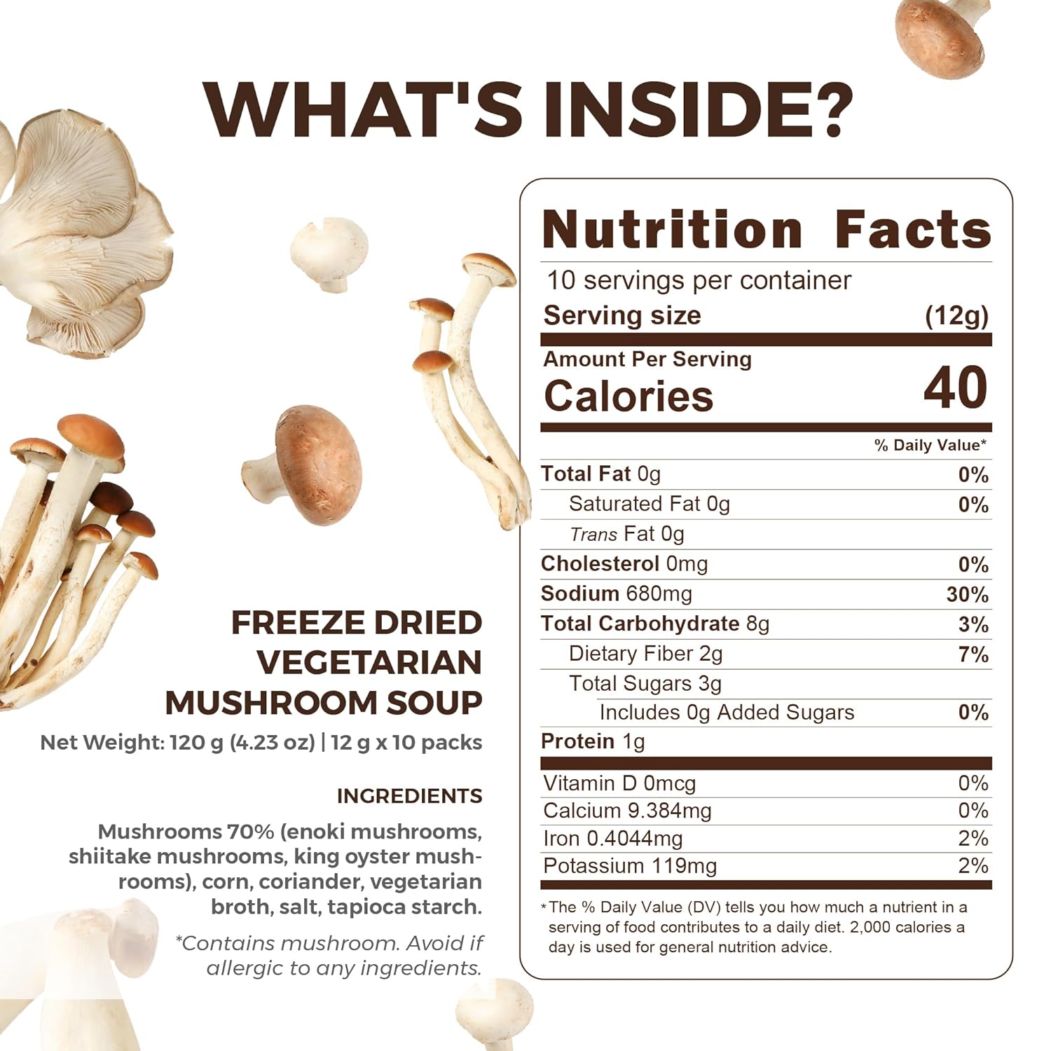 eHerbal Instant Mushroom Soup Cubes Freeze-Dried | 100% Real Mushrooms (Enoki, Shiitake, King Oyster) | Vegan, Quick & Delicious | 10 Servings, 120g (4.23oz)