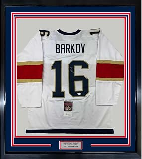 Framed Autographed/Signed Aleksander Barkov 35x39 Florida White Hockey Jersey JSA COA