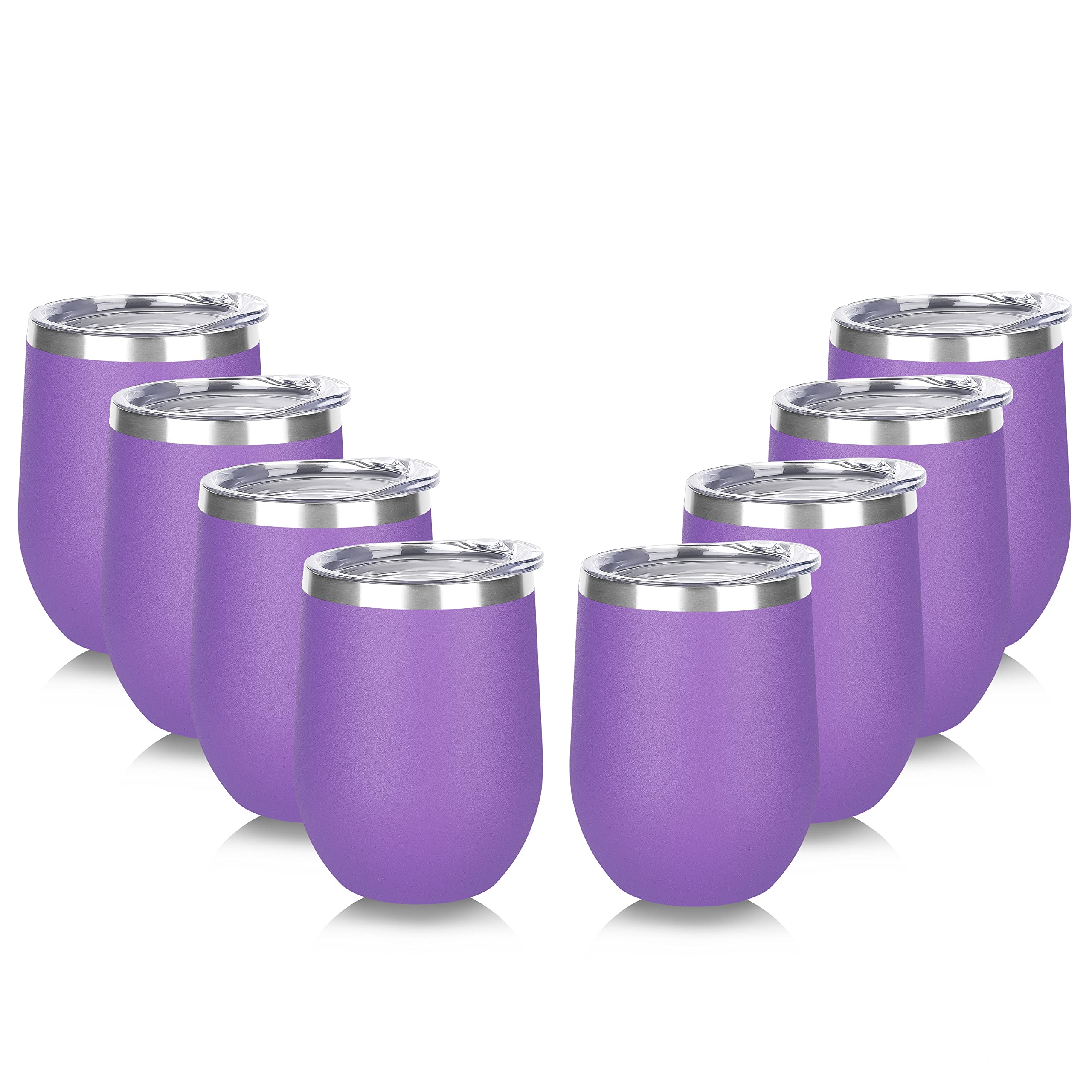 DOMICARE Stainless Steel Wine Tumbler Bulk with Lid, Personalized Insulated Tumblers Set, 12oz Travel Coffee Cups Pack of 8, Purple