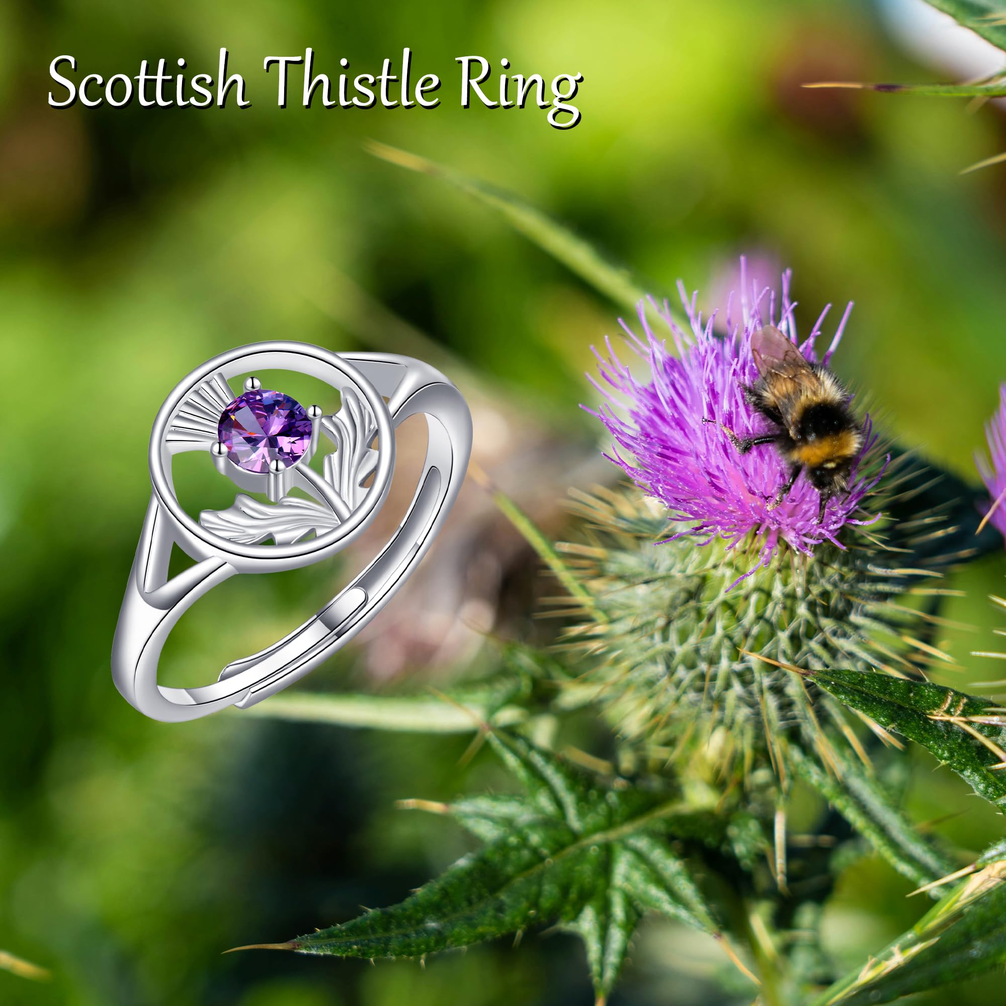DAYLINLOVE Schottische Distel Ringe 925 Sterling Silber Verstellbarer Amethyst Schottischer Ring Schottischer Schmuck Schottland Geschenke für Damen Frauen Mädchen