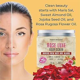 First Botany Body Scrub - Natural Exfoliating Salt Scrub & Body and Face Souffle helps with Moisturizing Skin, Acne, Cellulite, Dead Skin Scars, Wrinkles (10 fl oz, Rose)