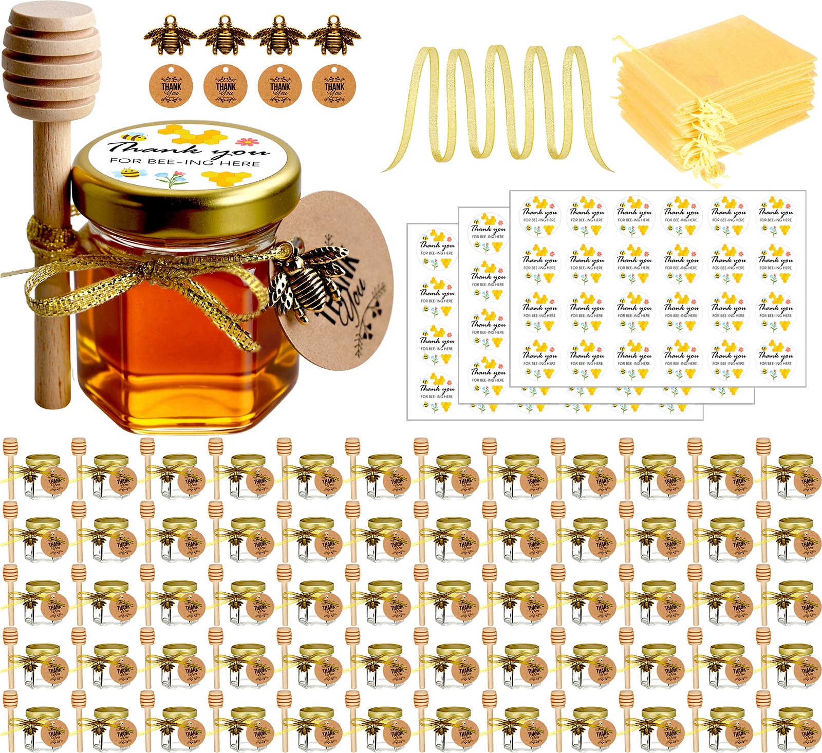 Small Honey Jar, Mini Honey Jars with Dipper, Glass Honey Pot Baby Shower Favors, Party Favors & Wedding Favors, Hexagon Honey Container w/ Lid, Bee