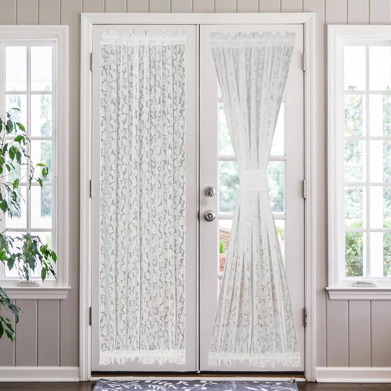 Lace French Door Curtain White Leaves Knitted Textured Curtains 72 Inch Long Light Filtering Sidelight Curtain Panel for Glass Door Patio Front Door Tieback Included, 2 Pack