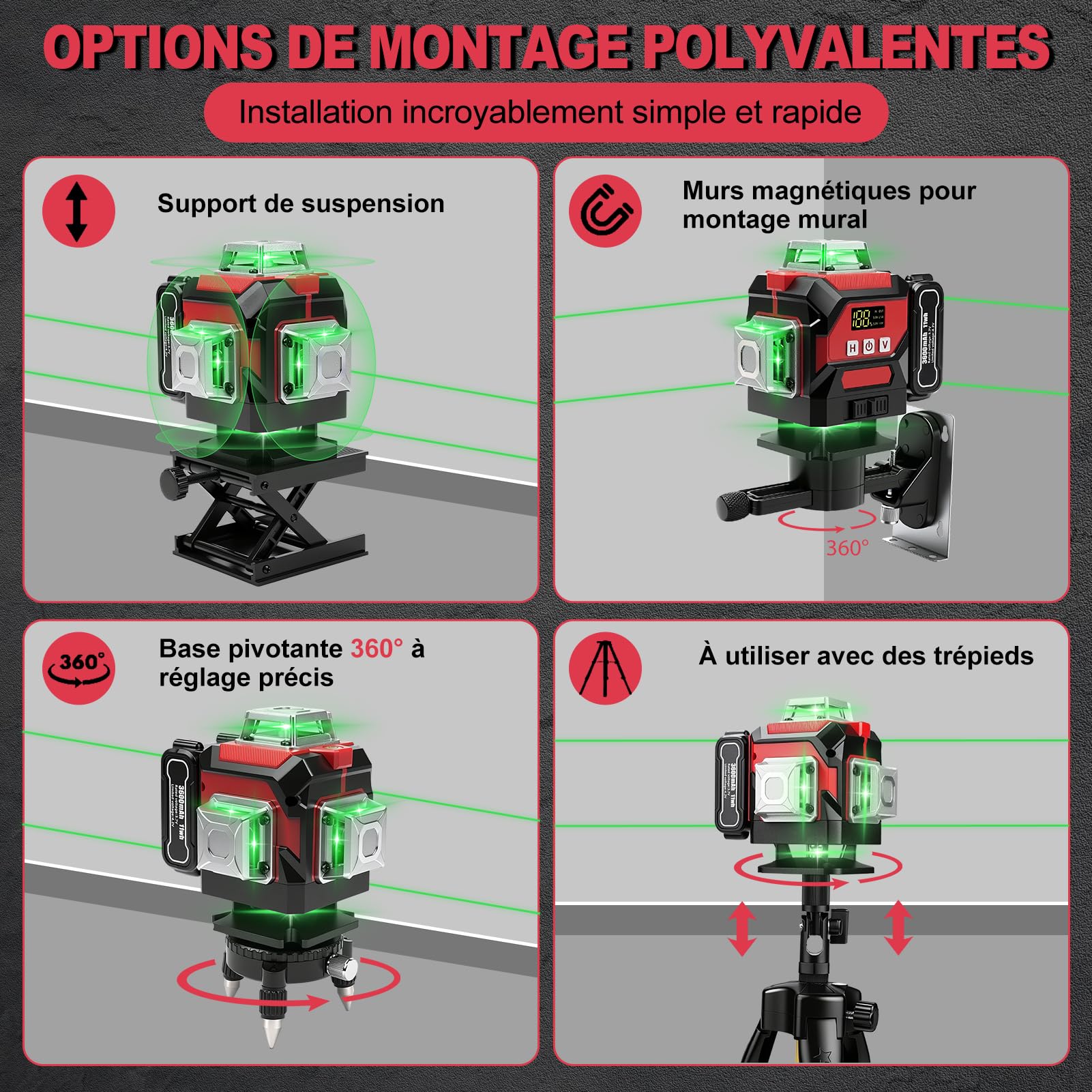 Niveau Laser 360 Autonivelant, 4D 16 lignes vertes Laser à lignes croisées avec trépied, Laser Chantier pour chantier intérieur, 3600 mAh x 3 batteries rechargeables