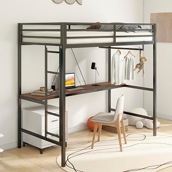 FLEXISPOT Twin Metal Loft Bed with Desk, Safety Guard Rails, Flat Ladder, Metal Slats, Heavy Duty Construction, Space-Saving, Noise-Free, No Box Spring Needed Perfect for Bedrooms & Dorms,Black