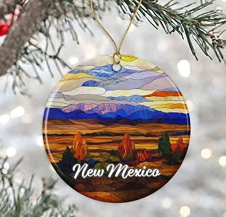 New Mexico Christmas Ornament - Travel New Mexico Gift - Stained Glass Style Ceramic Keepsake - Travel Gift for Tree Decoration Printed on Both Sides