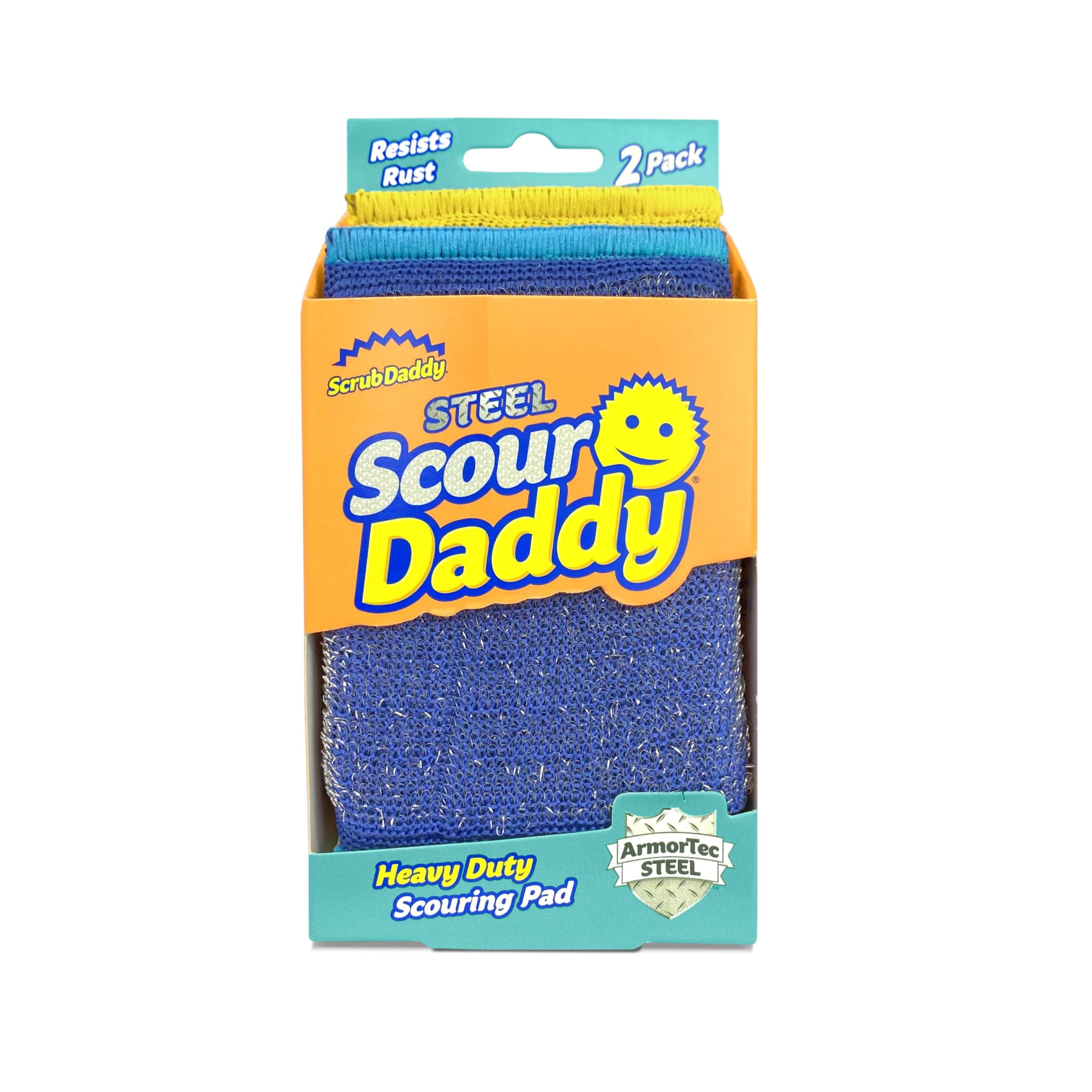 Scrub Daddy Scour Daddy Steel, Scourers Sponge, Steel Mesh Scouring Pads for Metal Grills & Cast Iron, Heavy Duty Scourer Pad for Cleaning Dishes, Dish Sponges for Washing Up, Pack of 2
