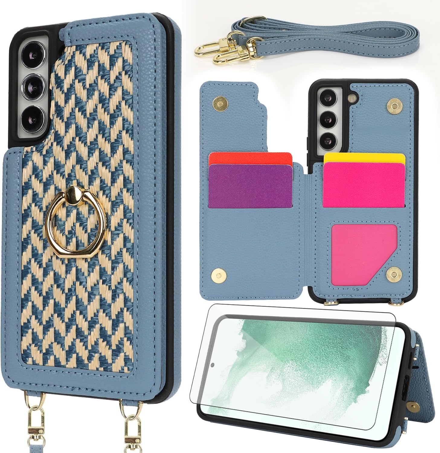 Asuwish Phone Case for Samsung Galaxy S22 Plus S22+ 5G Wallet Cell Cover with Screen Protector Ring Stand Credit Card Holder Crossbody Lanyard Shoulder Strap S22+5G S22plus 22S + S 22 22+ Women Blue