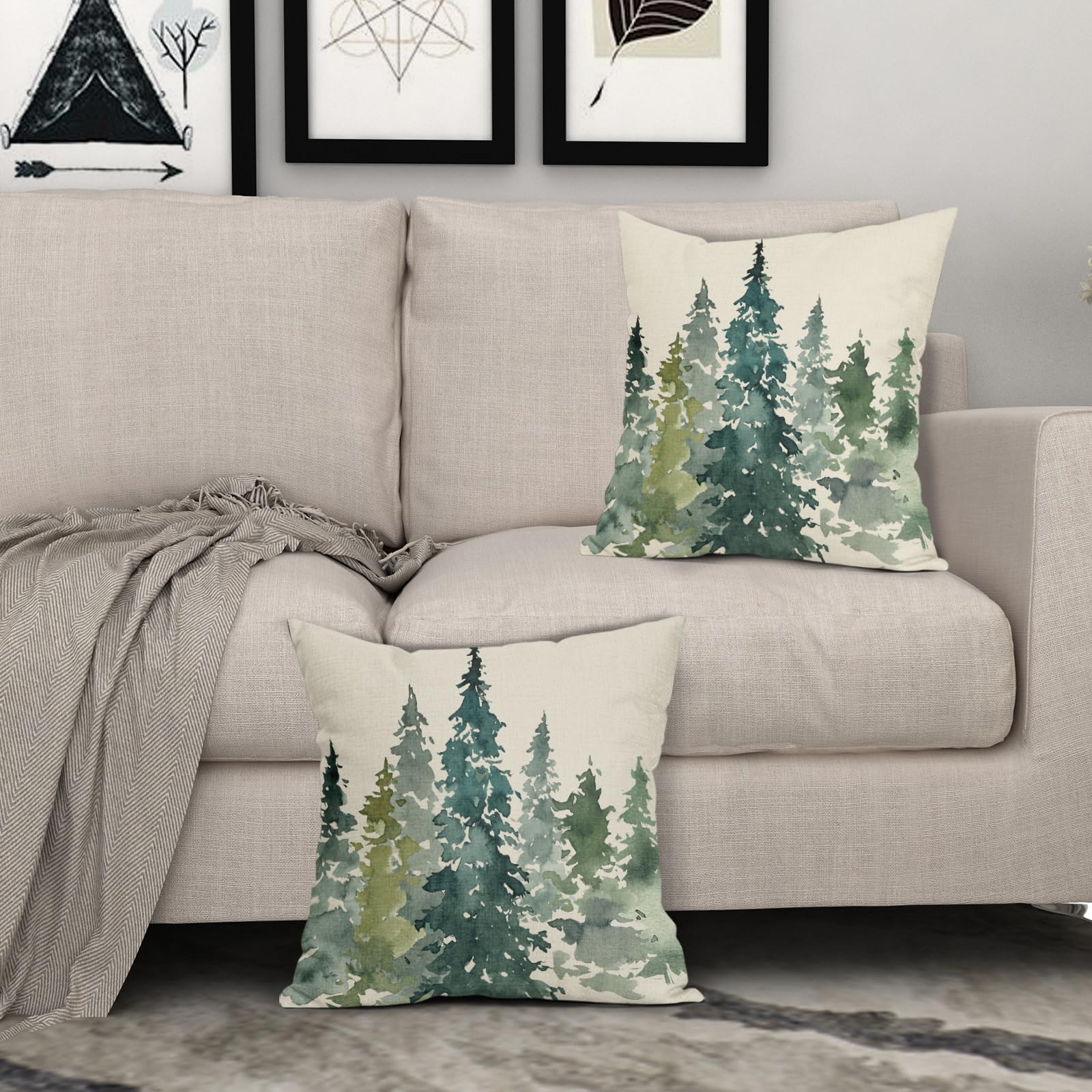 Set Di 2 Federe Per Cuscino 50x50 Cm Con Albero Verde Acquerello, In Lino, Decorazione Divano E Camera - 4