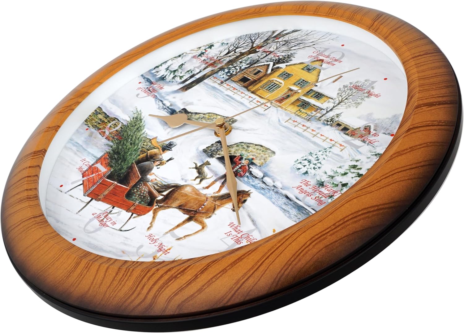 JUSTIME 14-inch Faux Wood Christmas Melody Wall Clock with 12 Carols of Christmas