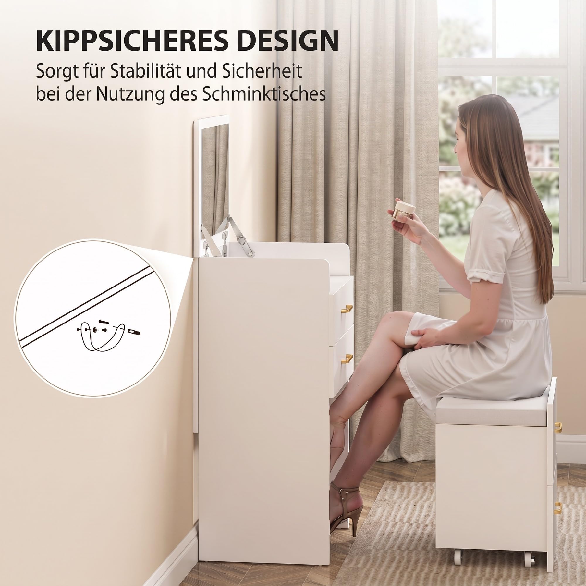 HOMCOM 3 in 1 Schminktisch mit Rollhocker Kosmetiktisch Klappspiegel Weiß
