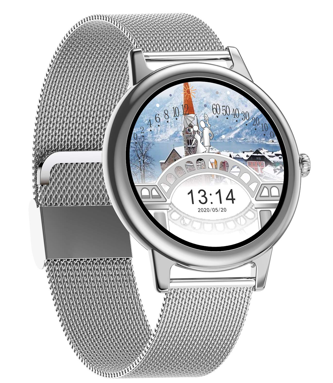 Smart Watch With Stainless Steel Band For Women Waterproof Full Touch Screen Bluetooth Multi-Mode Tracker Fitness With Compatible With Iphone Android Phone