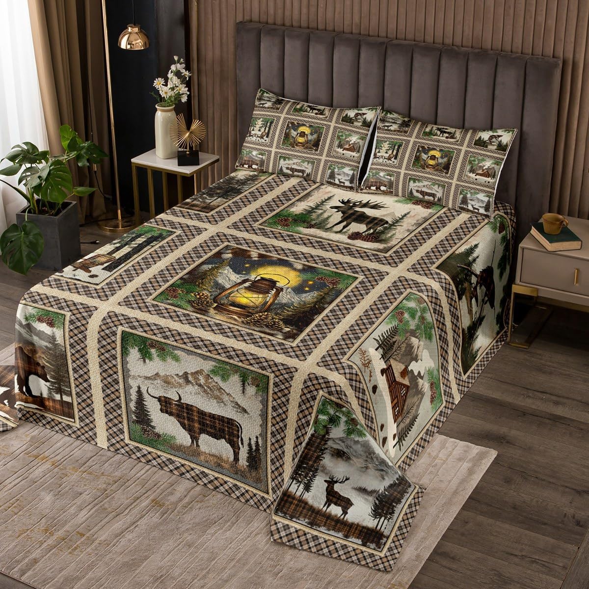 jejeloiu Rustic Bear Bedspread King Size Boys Girls Farmhouse Deer Coverlet Set for Kids Cabin Moose Quilted Coverlet Highland Cow Brown Green Plaid Grid Room Decor