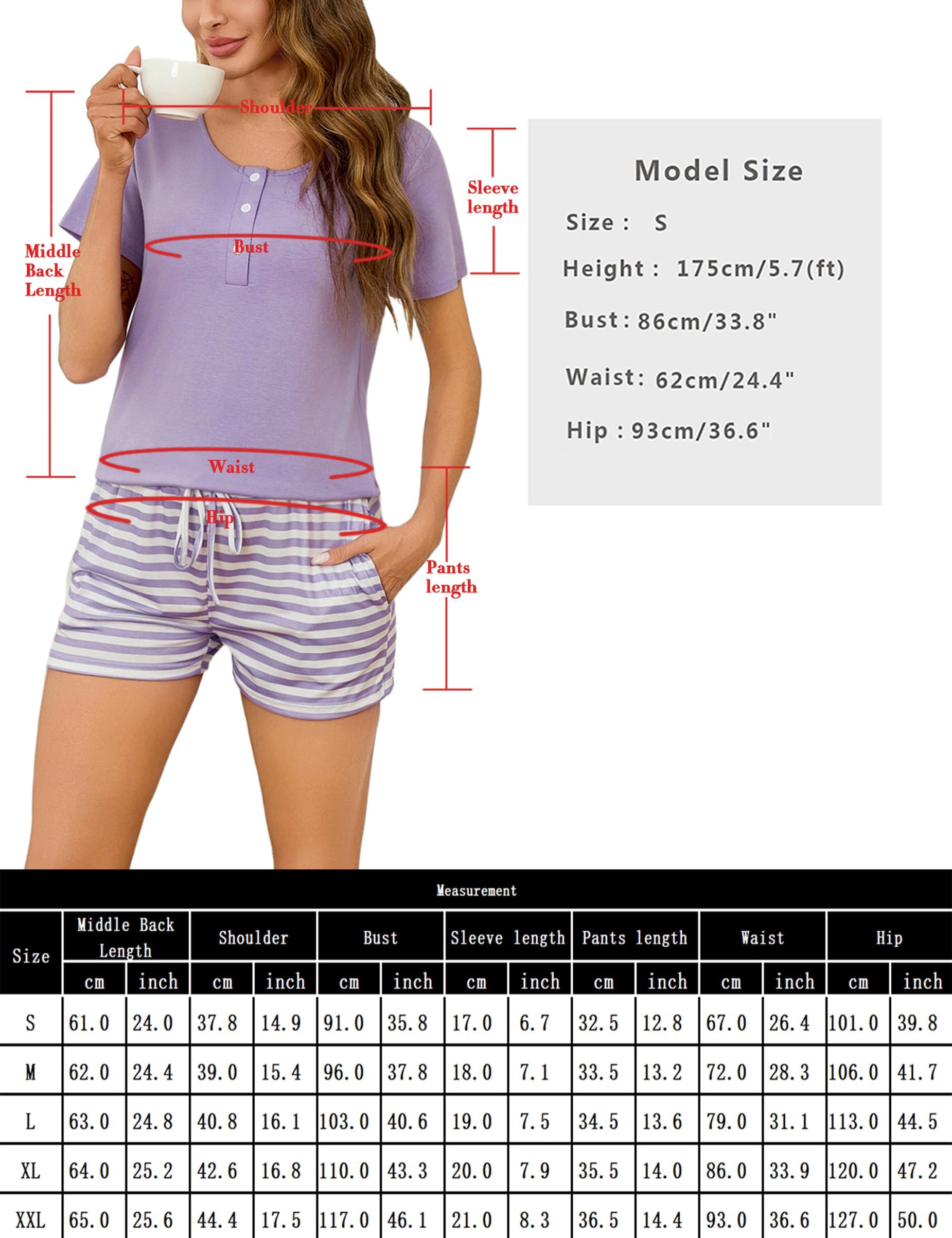 Bresdk Schlafanzug Damen Kurz Pyjama Set Baumwolle Sommer Kurzarm Nachtwäsche V-Ausschnitt Herzprint Hausanzug Loungewear