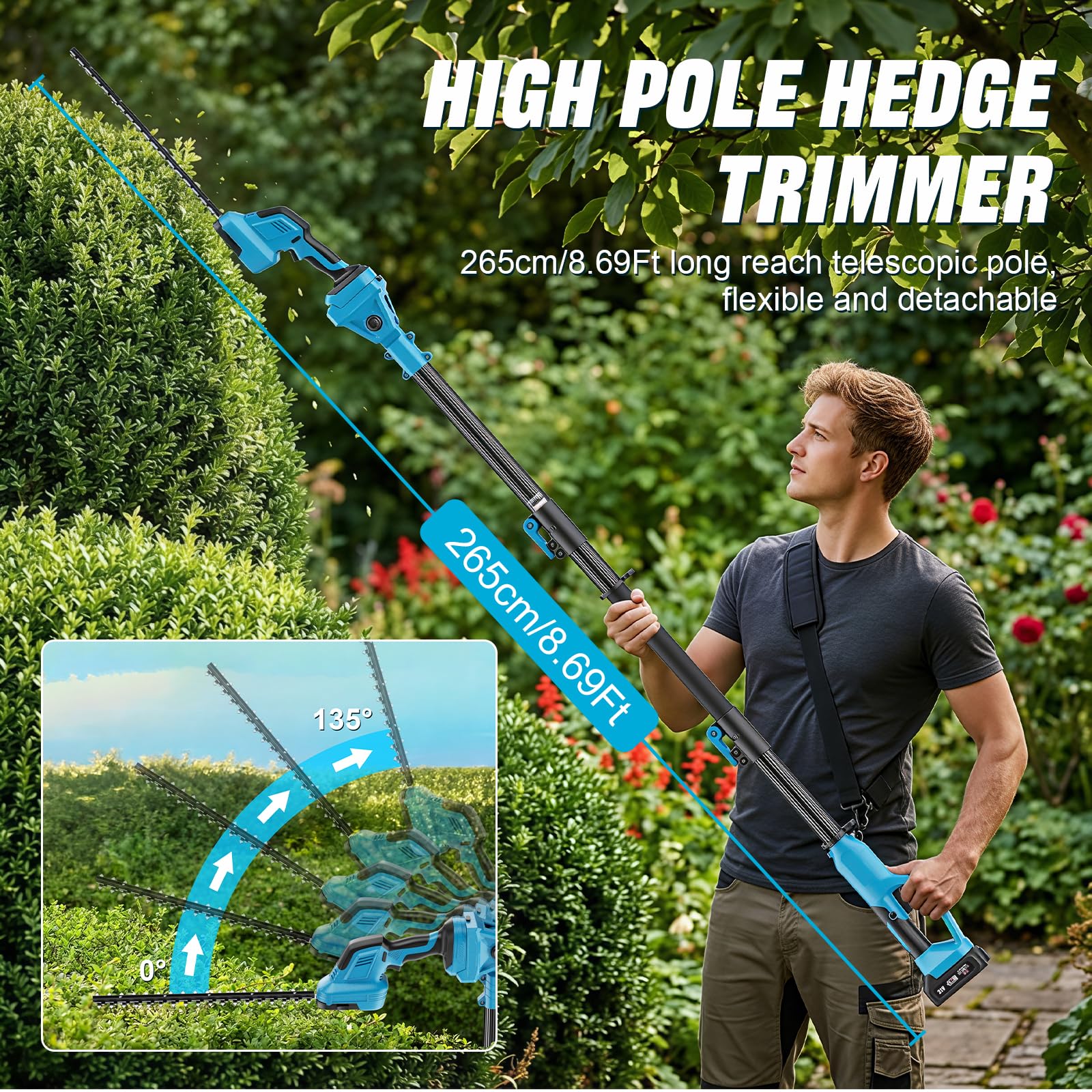 Taille Haie Telescopique Batterie sans Fil avec Perche 2 en 1, Élagueuse sur Perche avec Moteur de 550 W 2 Batteries Taille Haies Électrique, Angle Réglable, Idéal Jardin Verger Taille Haie