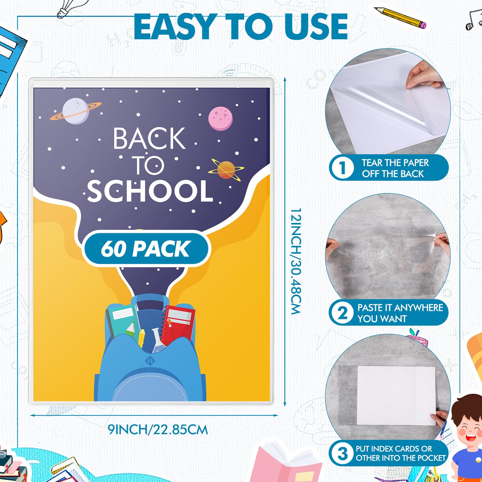 Outus Lot de 60 pochettes autocollantes en plastique transparent pour cartes d'index, 22,9 x 30,5 cm