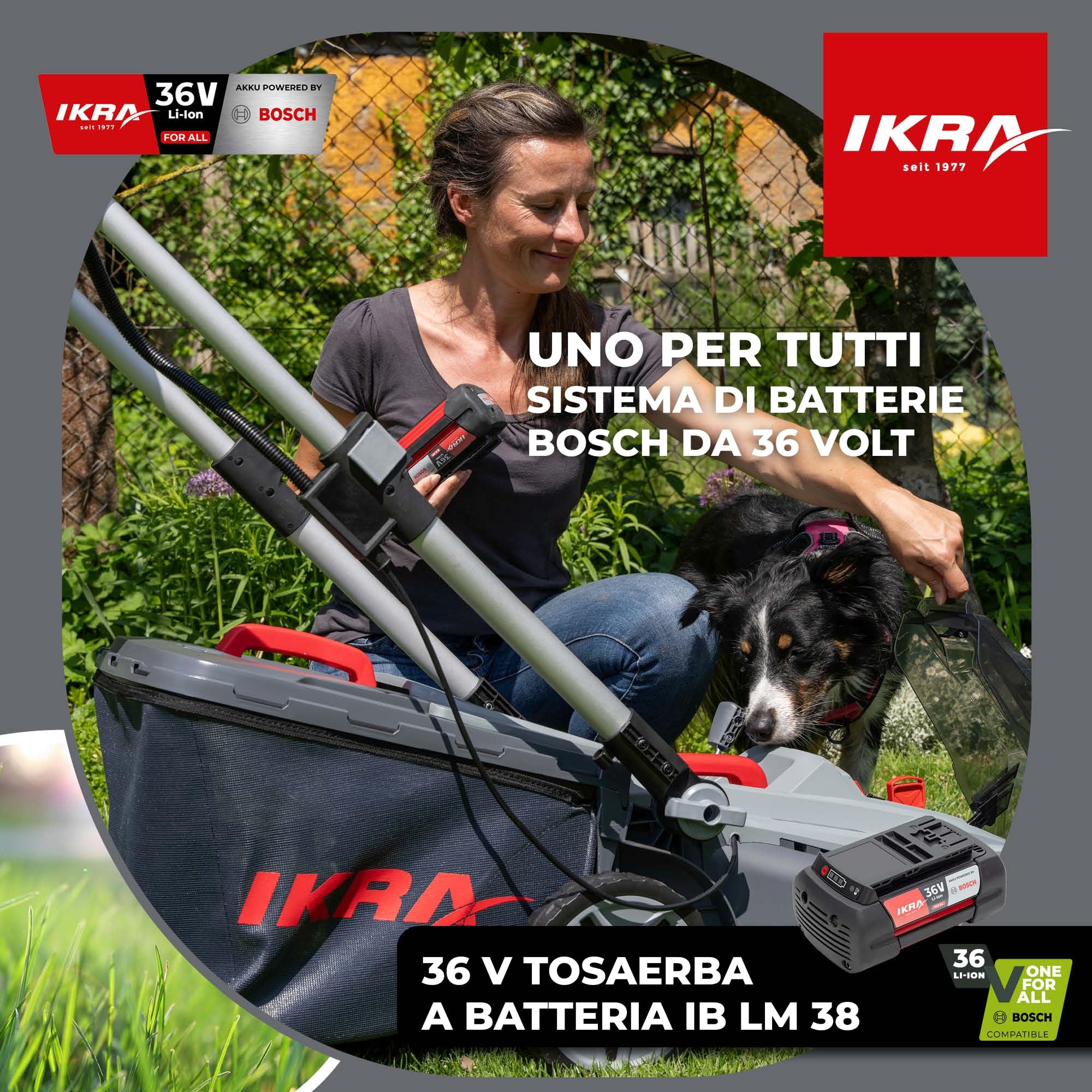 IKRA 36V tosaerba a batteria mulching 3in1 IB-LM 38, prati fino a 400 m², larghezza di taglio 38 cm, altezza di taglio 30-75 mm, compatibile con Bosch
